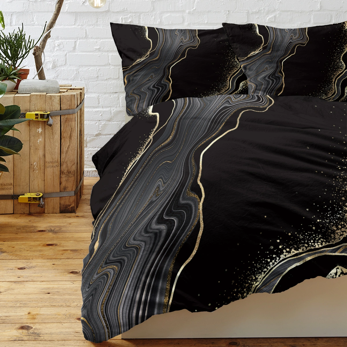 Black Gold Grey Marble Duvet Cover Set - Watercolor Abstract Chic Print Quilt Cover Single Bed 1 Duvet Cover with 2 Pillowcases view 3