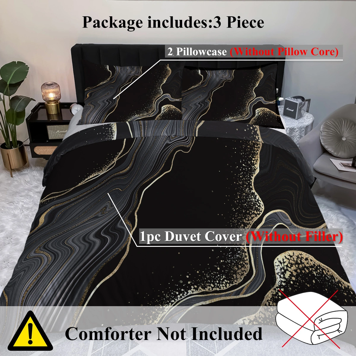 Black Gold Grey Marble Duvet Cover Set - Watercolor Abstract Chic Print Quilt Cover Single Bed 1 Duvet Cover with 2 Pillowcases view 4