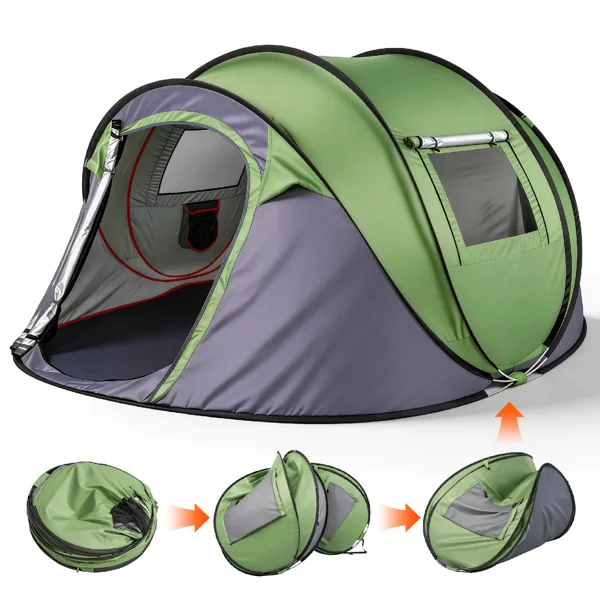 4 Person Pop Up Tent for Camping, Waterproof Instant Family Tent with Front Awning, Automatic Tent Throw Pop Up Instant Flip Pop Tent for Camping, Green