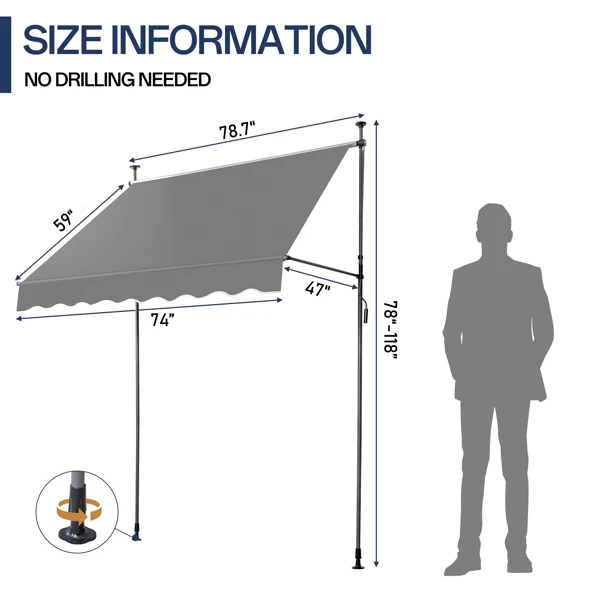 78.7"D x 47.2"W x(78.7 -118.1)"H Retractable Awning Grey view 6