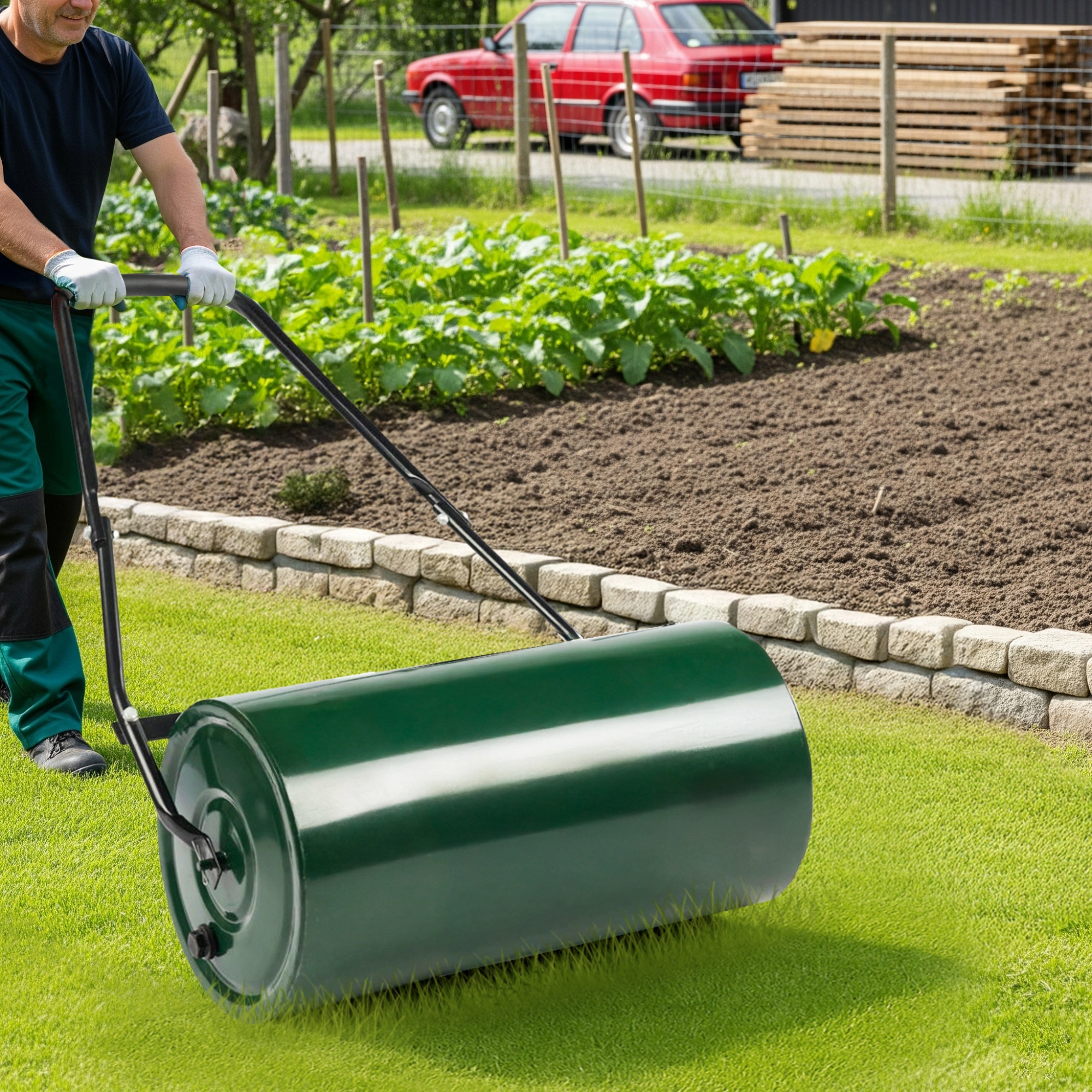 24" Heavy Duty Steel Lawn Roller - Water or Sand Fillable Garden Roller with U-Handle, Green & Black view 11