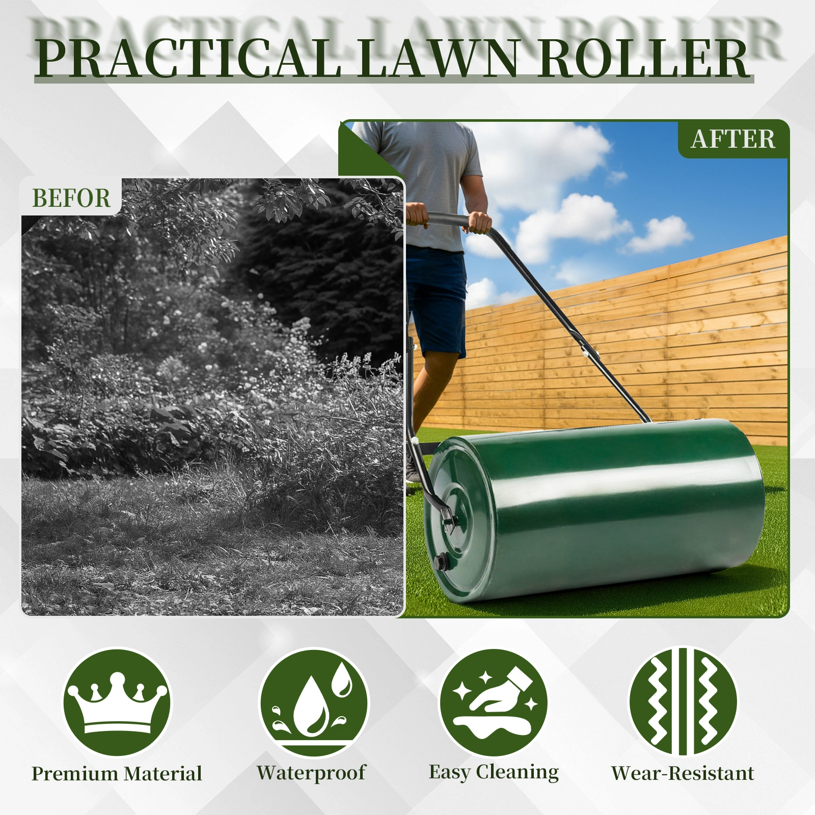 24" Heavy Duty Steel Lawn Roller - Water or Sand Fillable Garden Roller with U-Handle, Green & Black view 13