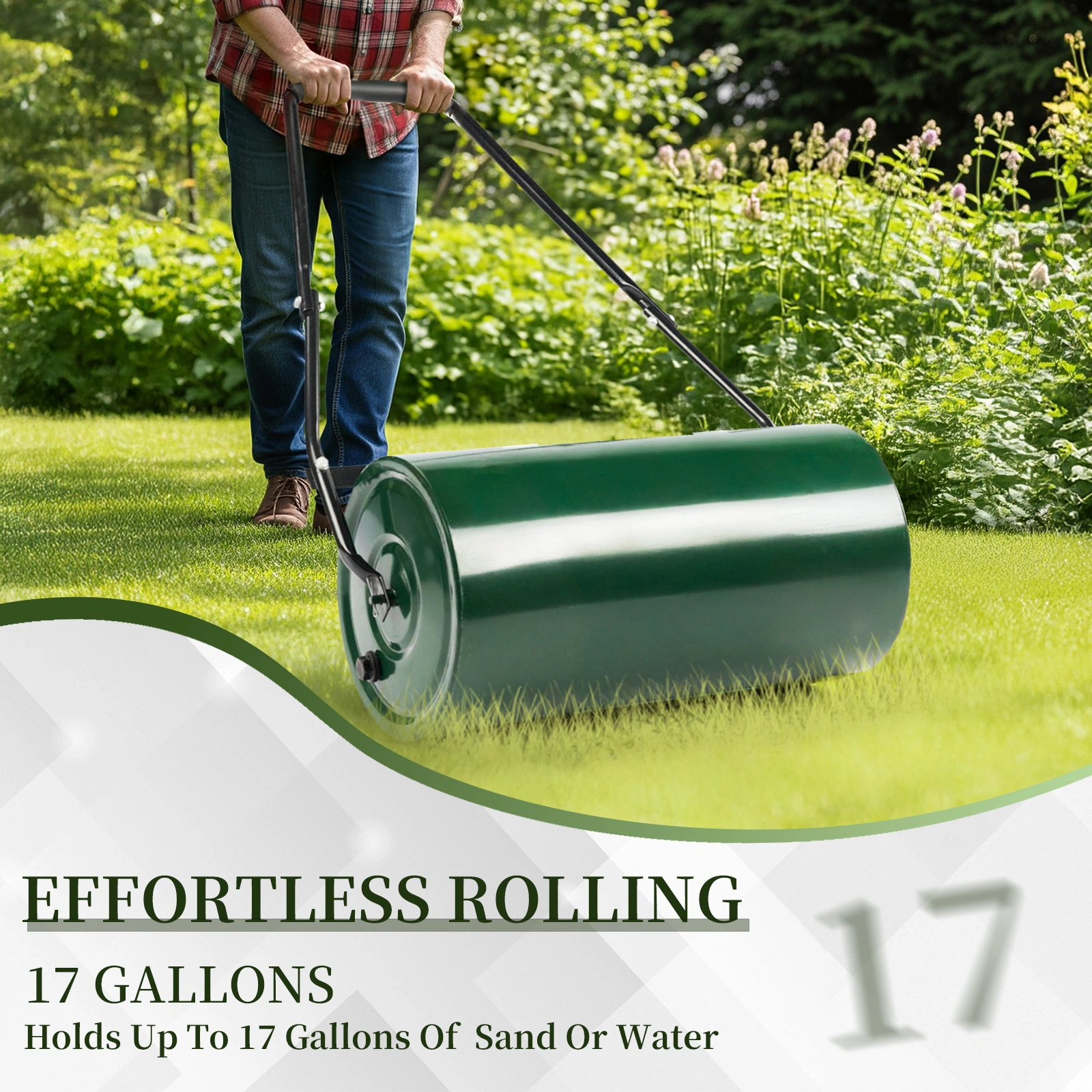 24" Heavy Duty Steel Lawn Roller - Water or Sand Fillable Garden Roller with U-Handle, Green & Black view 14