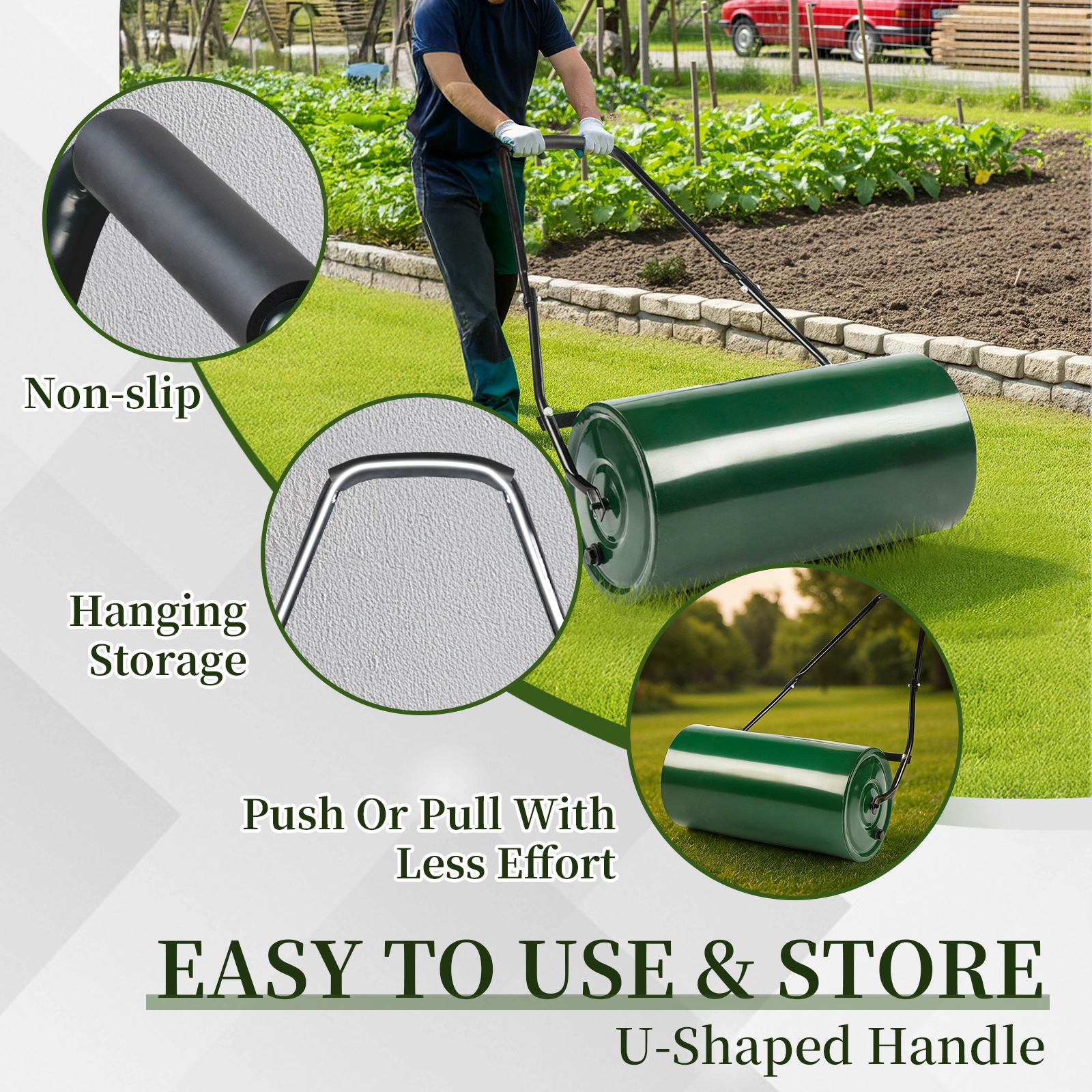 24" Heavy Duty Steel Lawn Roller - Water or Sand Fillable Garden Roller with U-Handle, Green & Black view 15