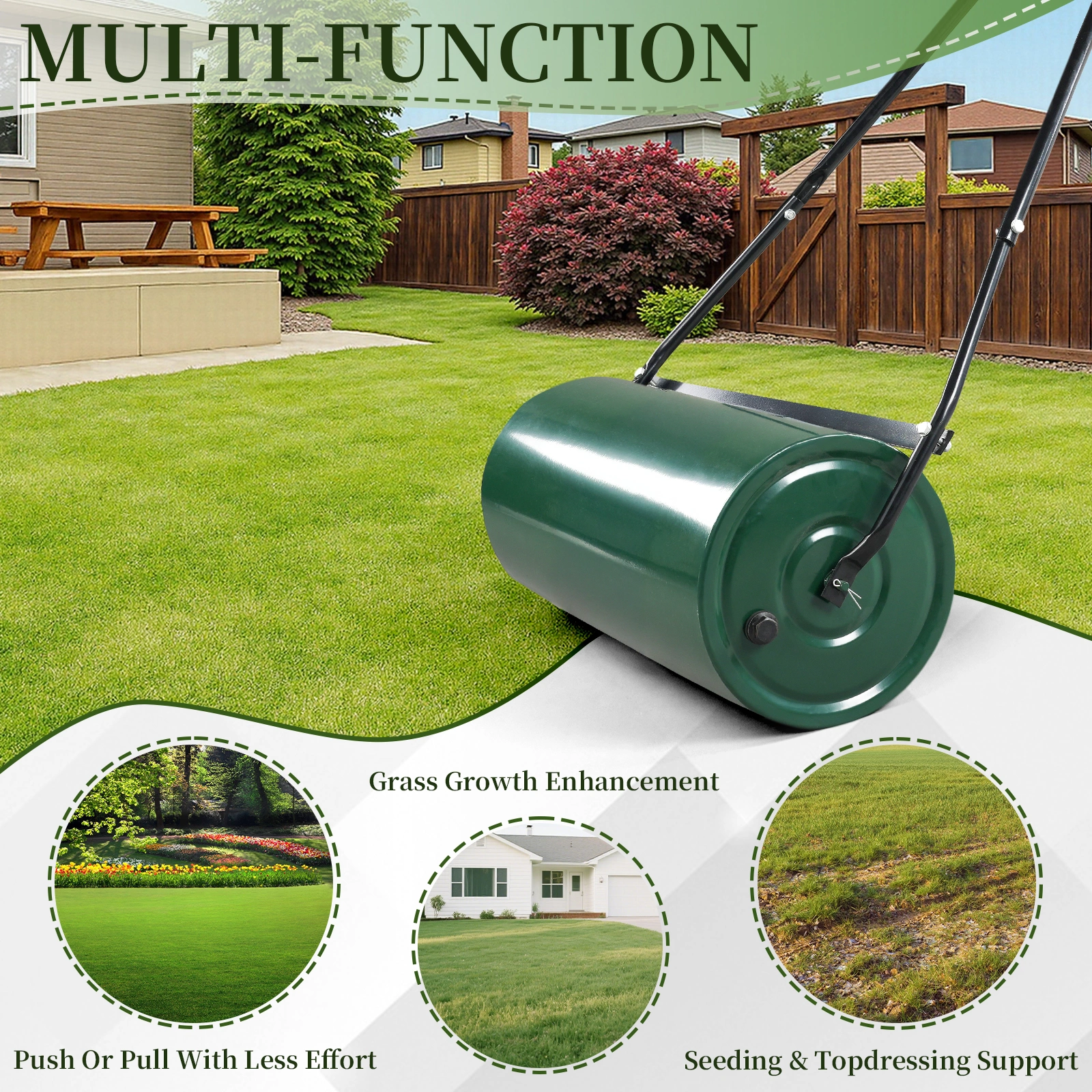 24" Heavy Duty Steel Lawn Roller - Water or Sand Fillable Garden Roller with U-Handle, Green & Black view 16