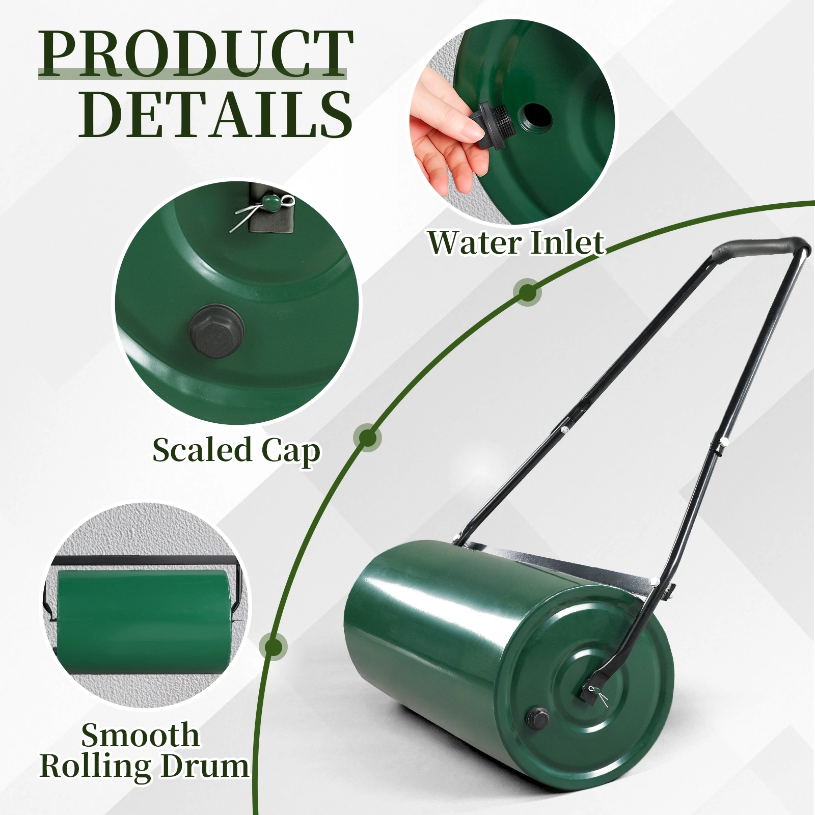 24" Heavy Duty Steel Lawn Roller - Water or Sand Fillable Garden Roller with U-Handle, Green & Black view 17