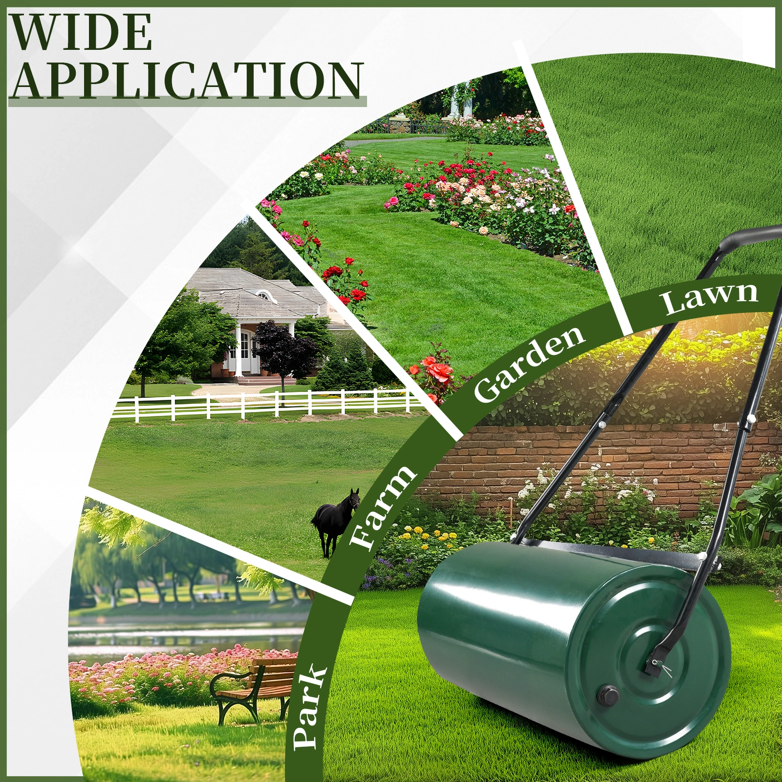 24" Heavy Duty Steel Lawn Roller - Water or Sand Fillable Garden Roller with U-Handle, Green & Black view 18