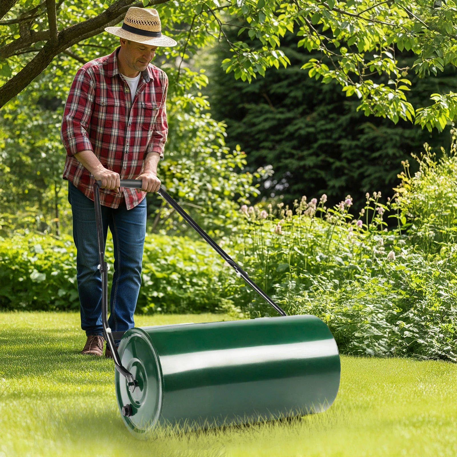 24" Heavy Duty Steel Lawn Roller - Water or Sand Fillable Garden Roller with U-Handle, Green & Black view 7
