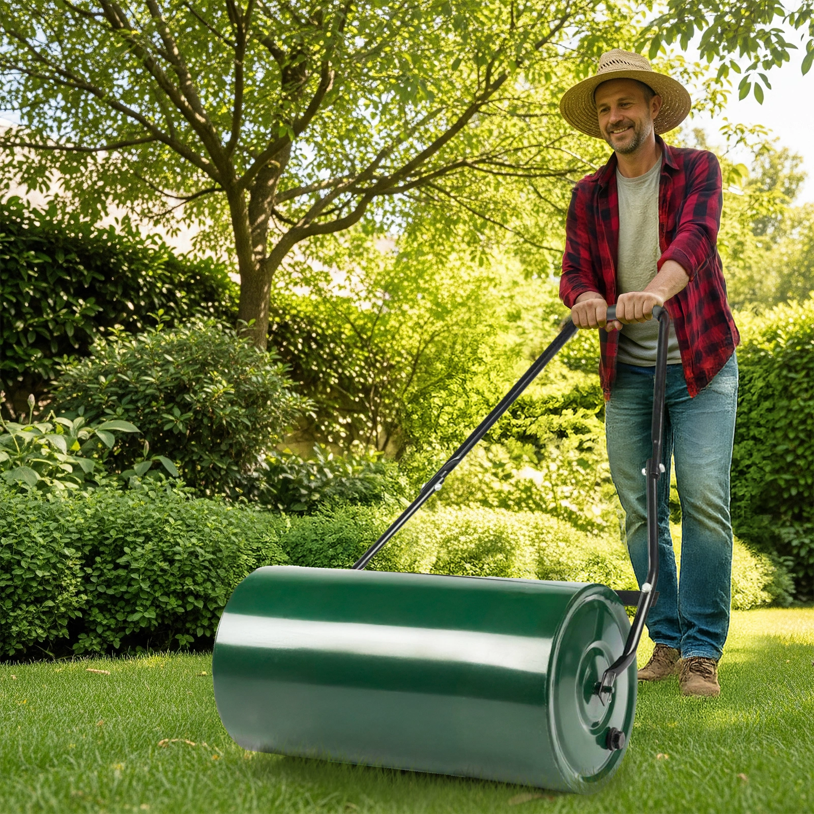 24" Heavy Duty Steel Lawn Roller - Water or Sand Fillable Garden Roller with U-Handle, Green & Black view 8