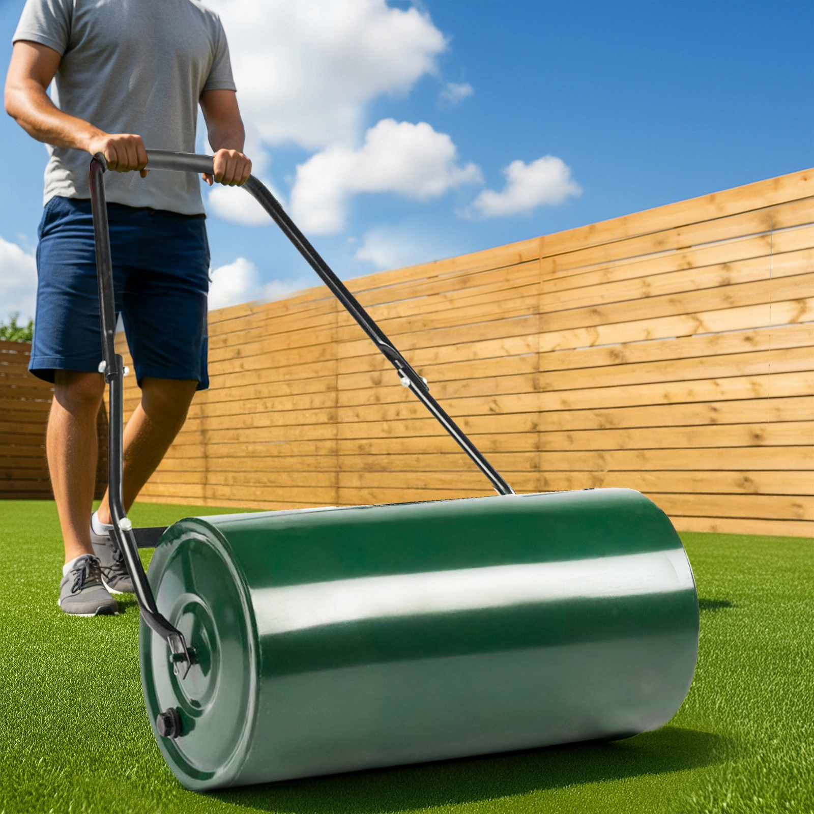 24" Heavy Duty Steel Lawn Roller - Water or Sand Fillable Garden Roller with U-Handle, Green & Black view 9