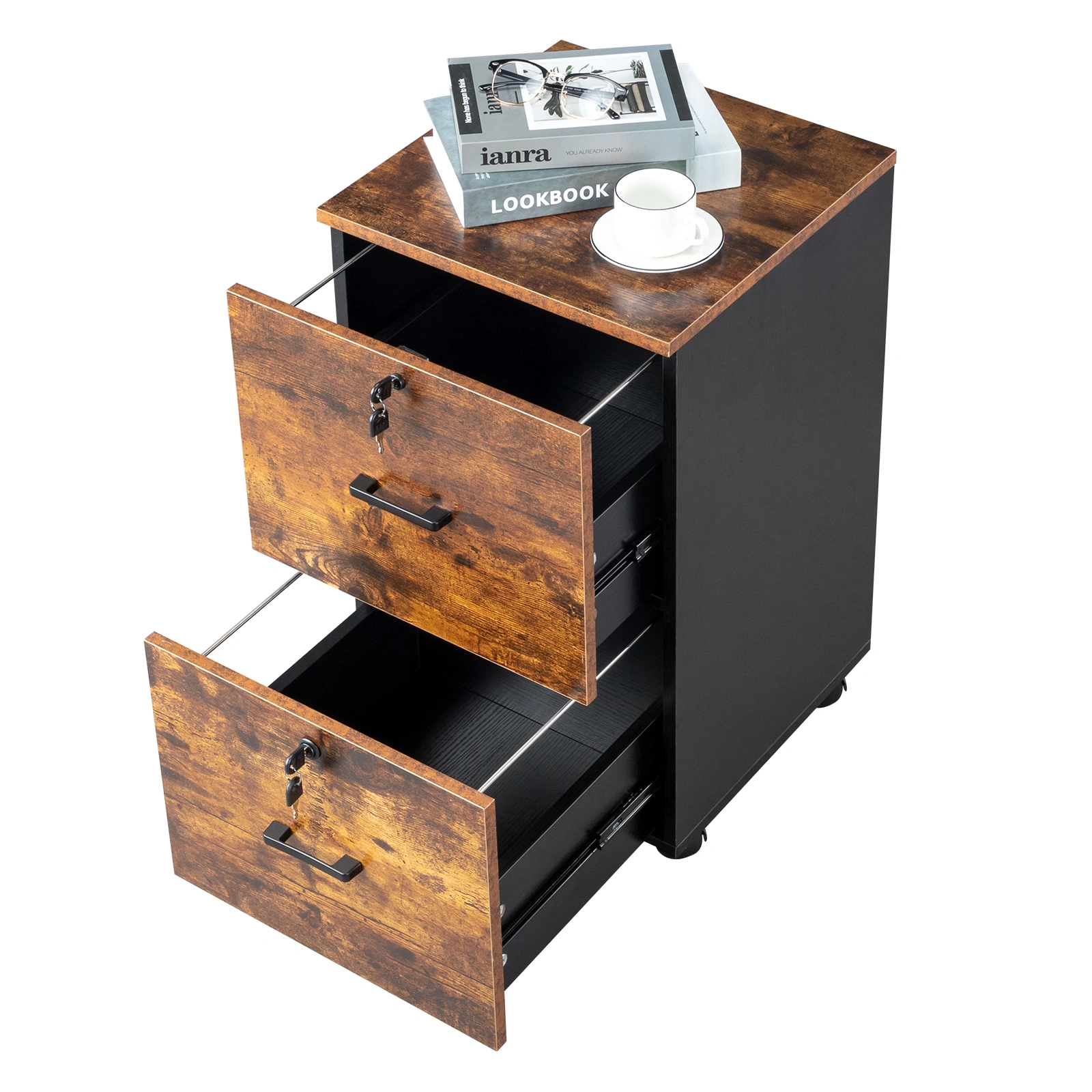 2-Drawer Rolling Wood File Cabinet with Lock, Brown & Black view 11