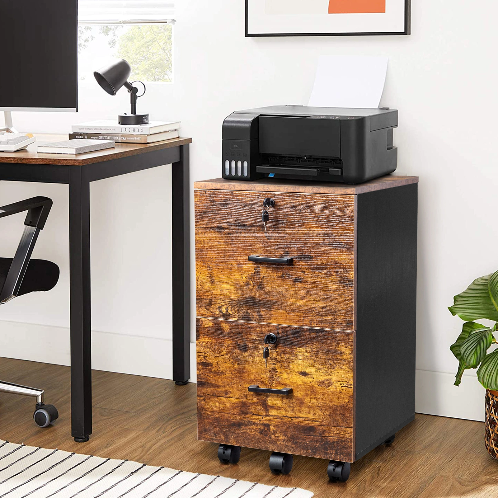 2-Drawer Rolling Wood File Cabinet with Lock, Brown & Black view 13