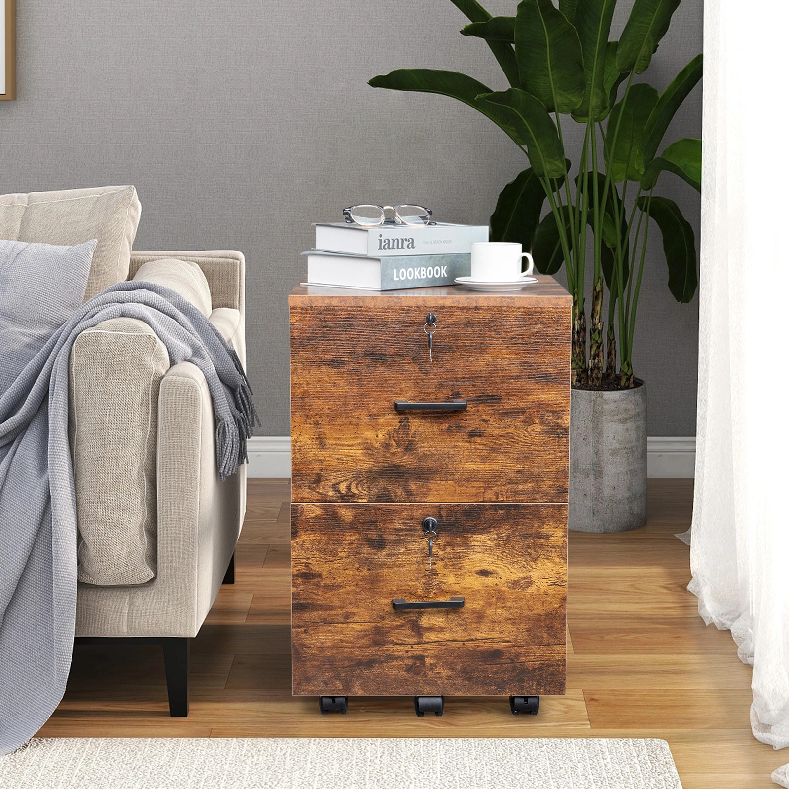 2-Drawer Rolling Wood File Cabinet with Lock, Brown & Black view 15