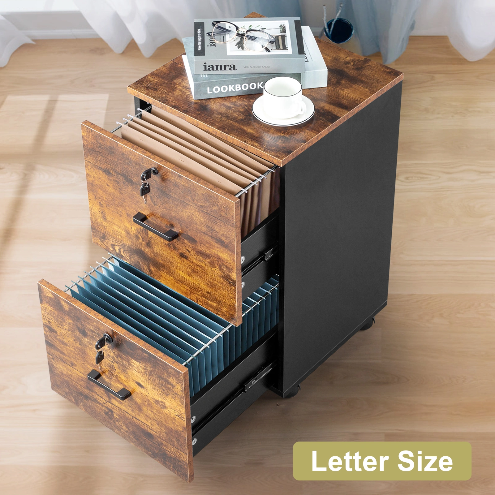 2-Drawer Rolling Wood File Cabinet with Lock, Brown & Black view 16