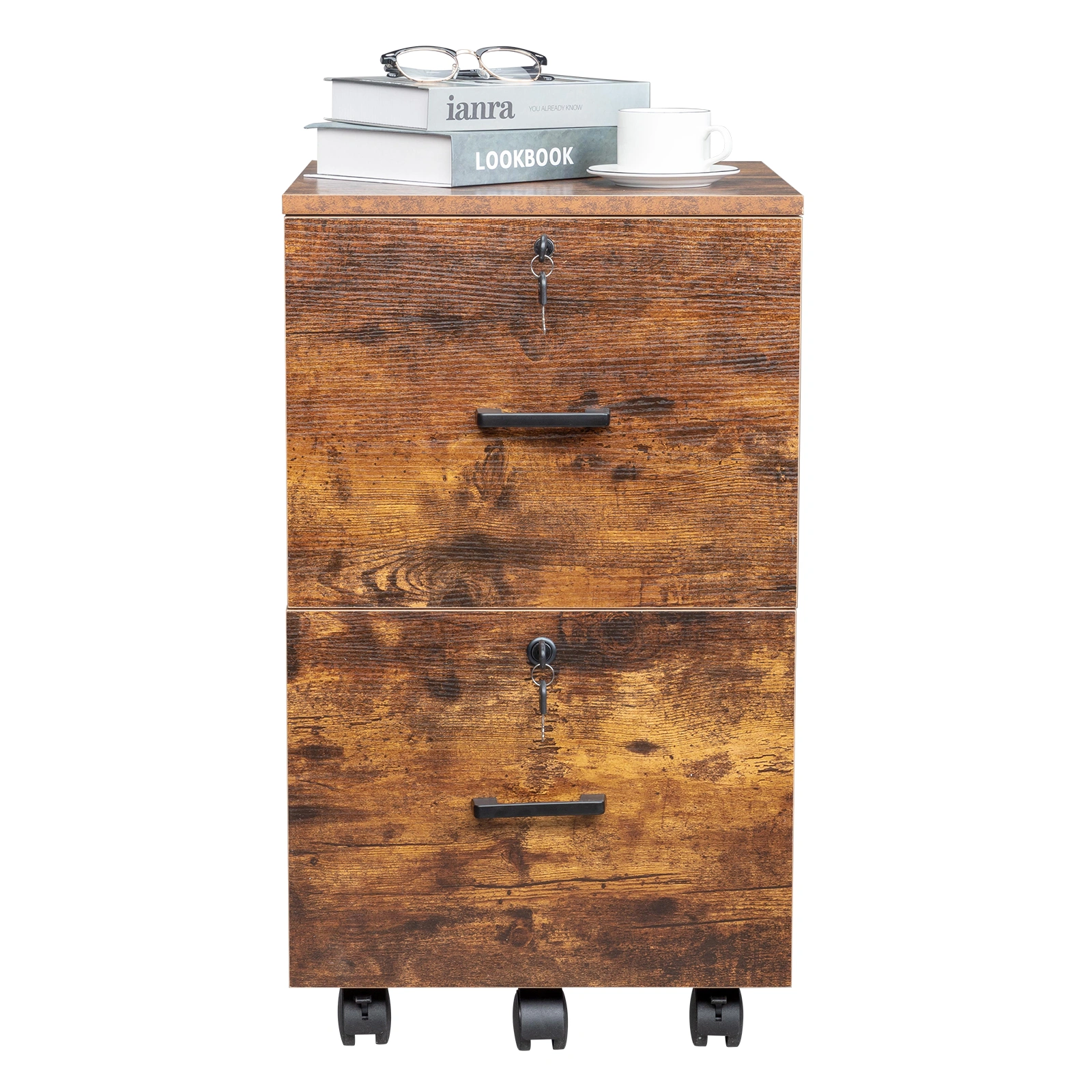 2-Drawer Rolling Wood File Cabinet with Lock, Brown & Black view 6