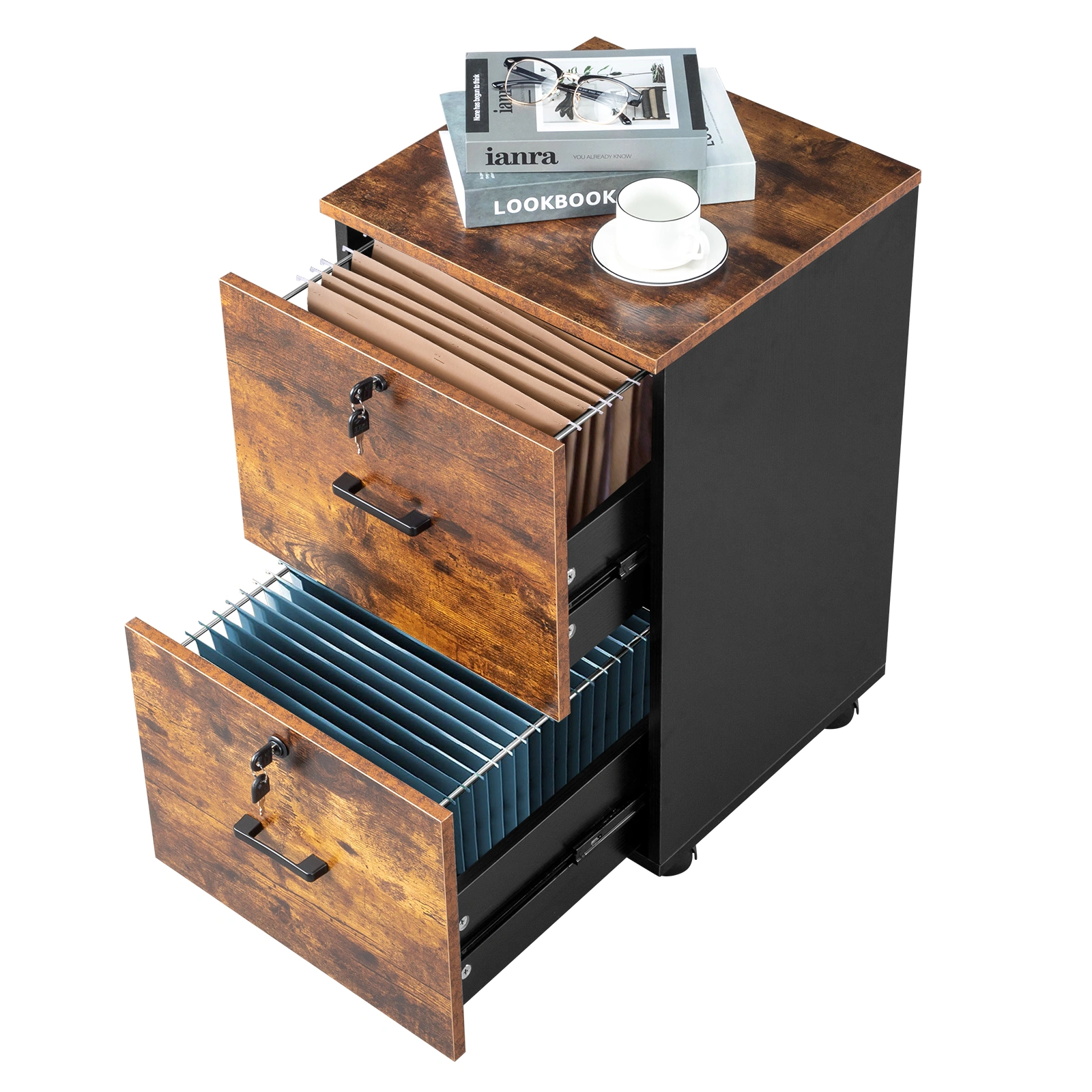 2-Drawer Rolling Wood File Cabinet with Lock, Brown & Black view 8