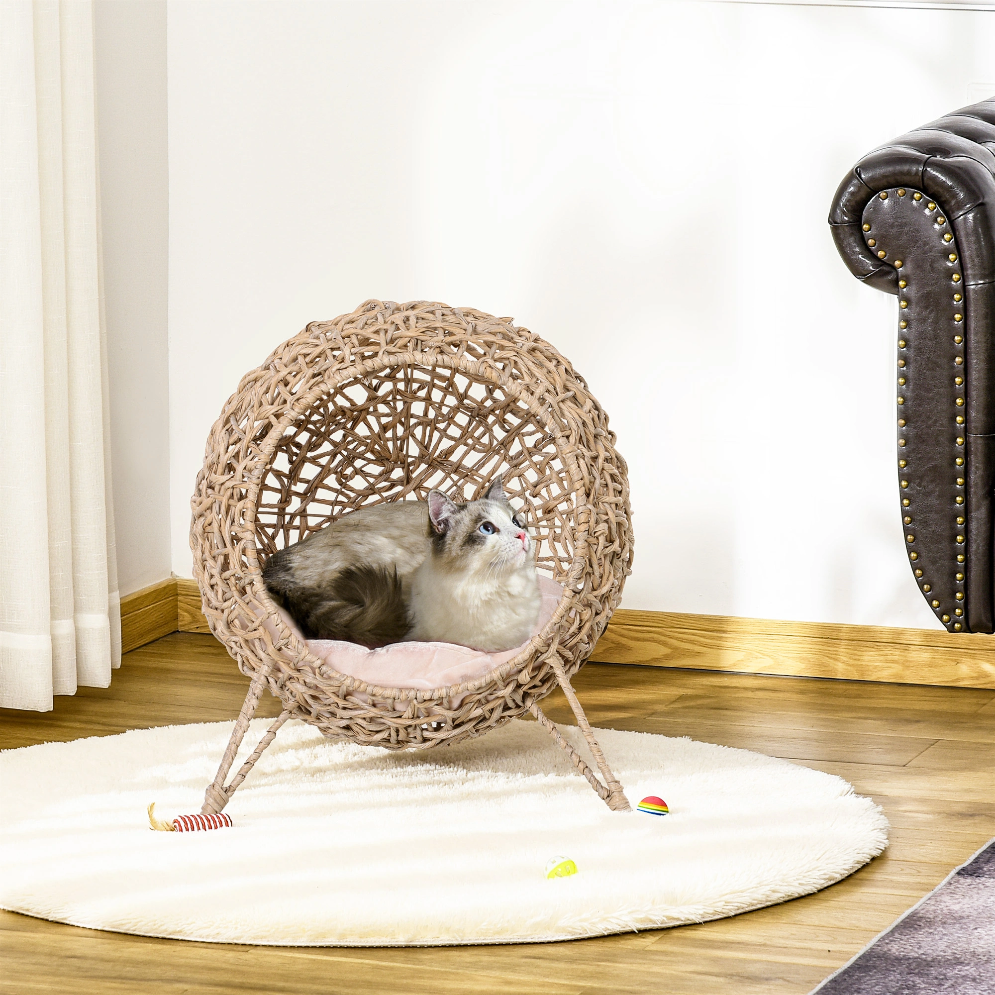 Elevated Rattan Cat Bed Indoor Outdoor Cat House Cozy Pet Sofa with Soft Cushion for Small to Medium Cats, Weather Resistant