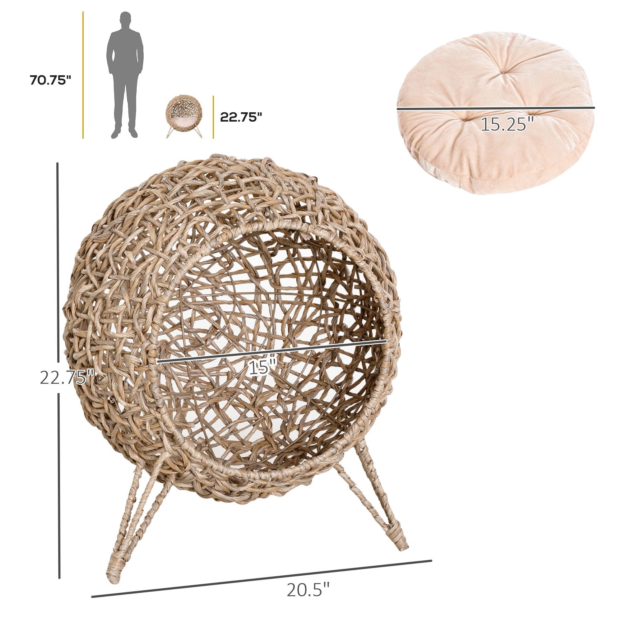 Elevated Rattan Cat Bed Indoor Outdoor Cat House Cozy Pet Sofa with Soft Cushion for Small to Medium Cats, Weather Resistant view 2
