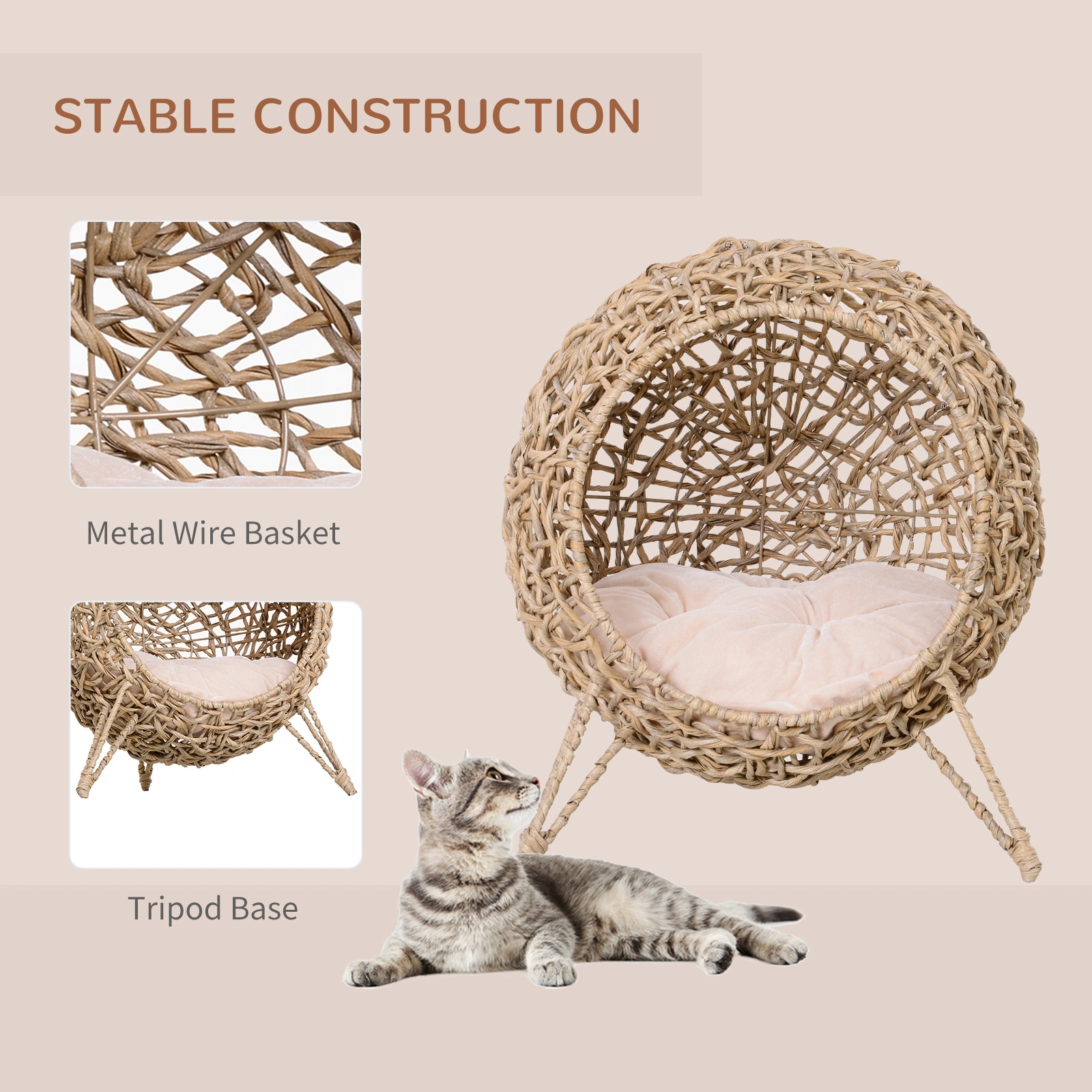 Elevated Rattan Cat Bed Indoor Outdoor Cat House Cozy Pet Sofa with Soft Cushion for Small to Medium Cats, Weather Resistant view 3