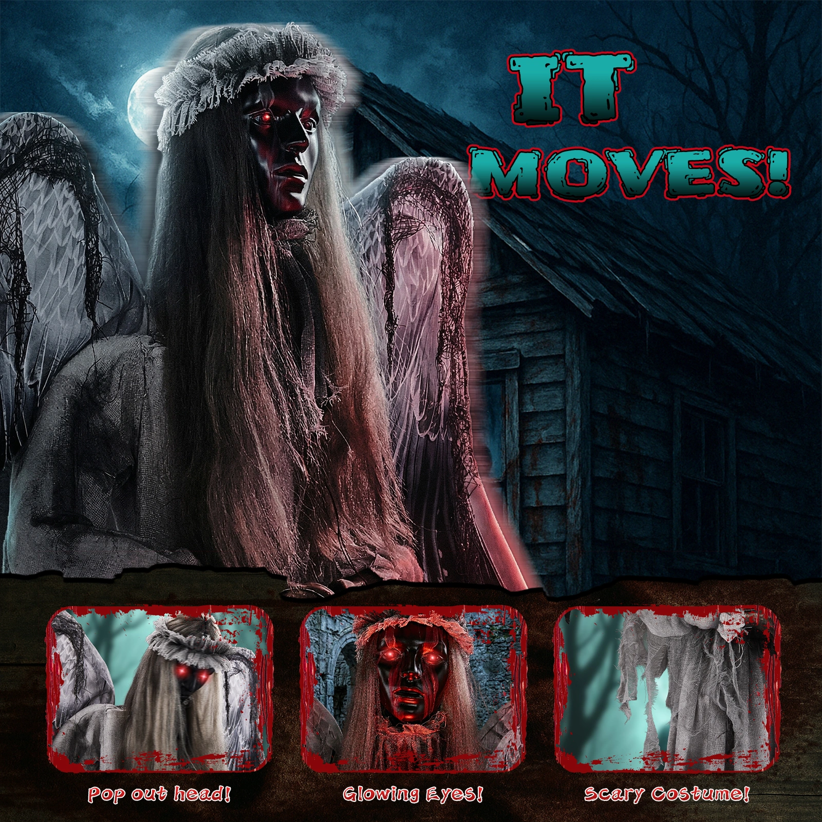 5.7ft Halloween Weeping Angel Animatronic - Sound-Activated Red Light-Up Eyes, Trembling/Turning/Head-L view 10