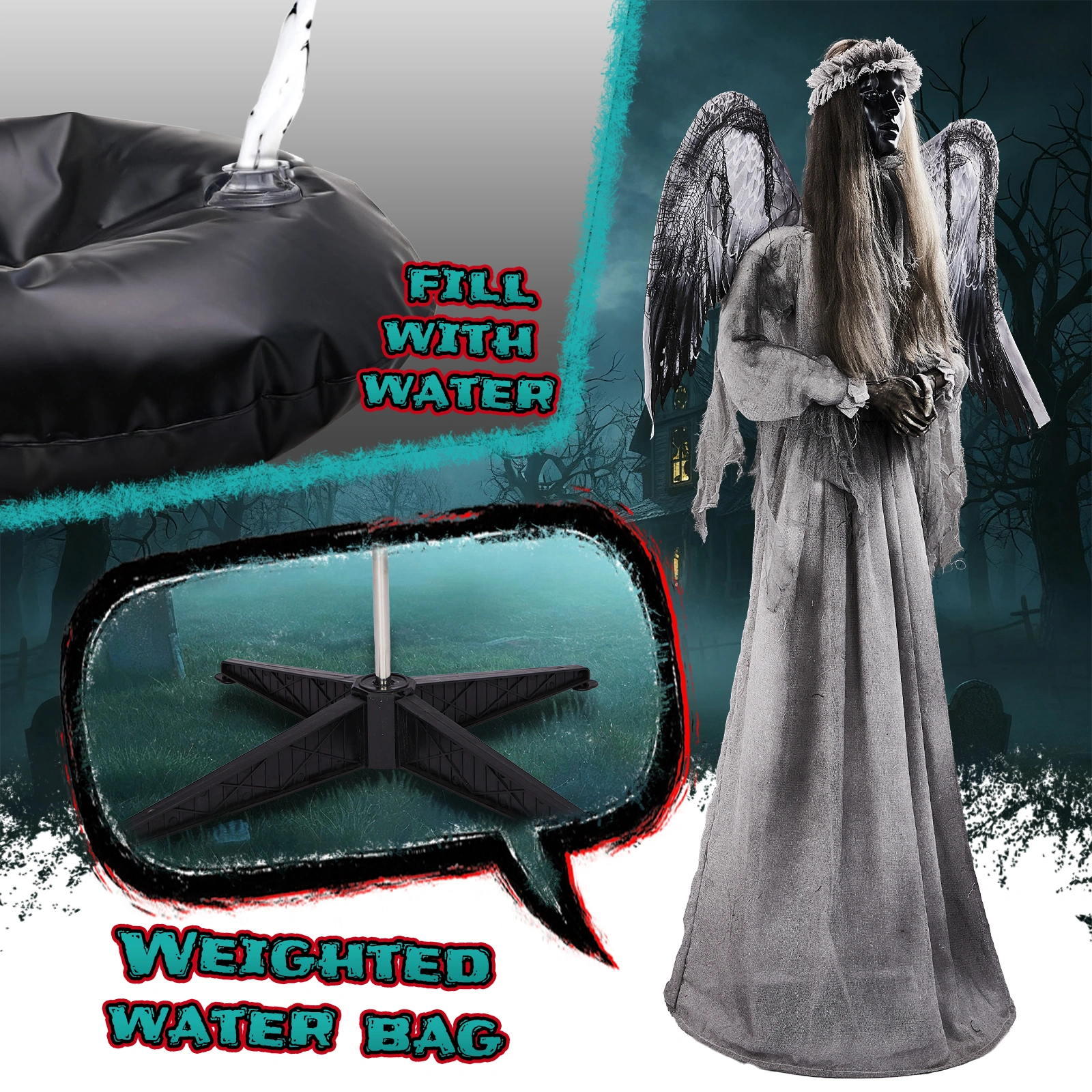 5.7ft Halloween Weeping Angel Animatronic - Sound-Activated Red Light-Up Eyes, Trembling/Turning/Head-L view 4