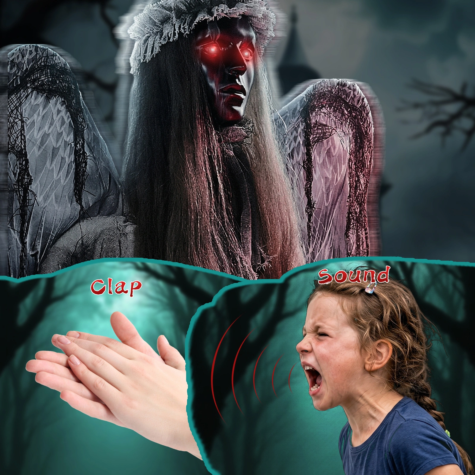 5.7ft Halloween Weeping Angel Animatronic - Sound-Activated Red Light-Up Eyes, Trembling/Turning/Head-L view 6