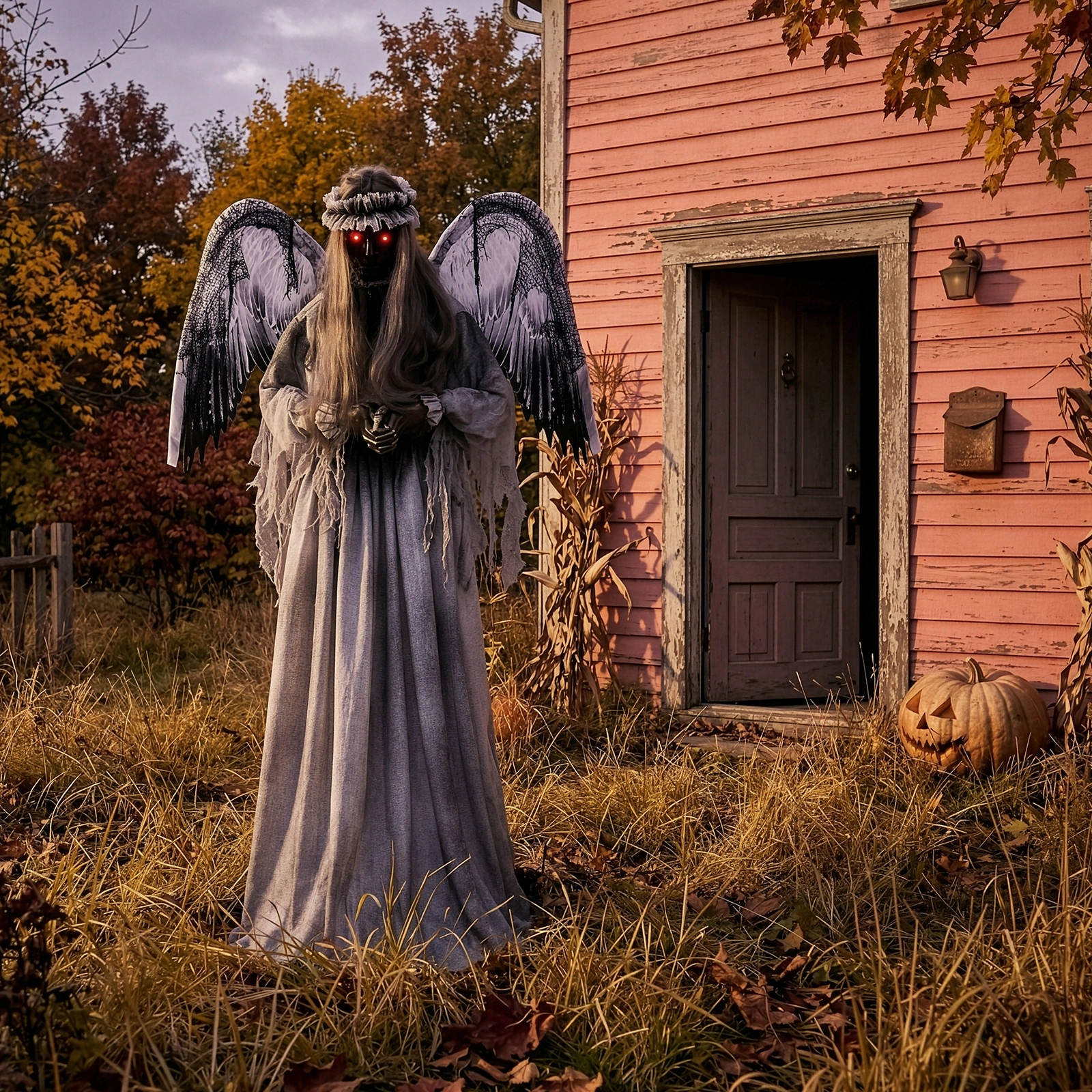 5.7ft Halloween Weeping Angel Animatronic - Sound-Activated Red Light-Up Eyes, Trembling/Turning/Head-L view 7