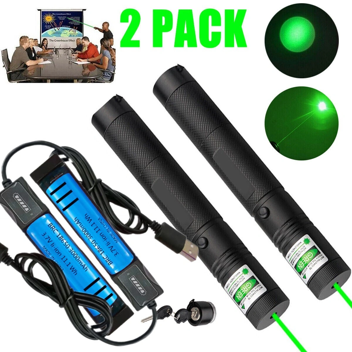 2 Pack Green Laser Pointer Pen 532nm Rechargeable with Battery & Charger Set
