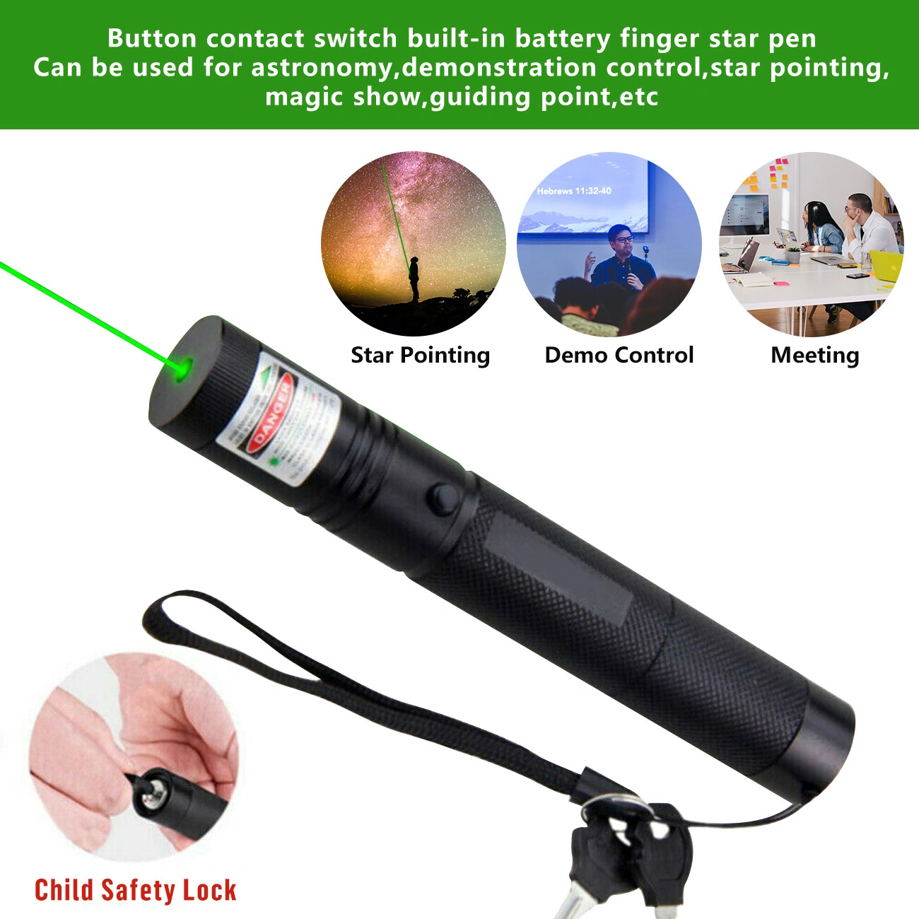 2 Pack Green Laser Pointer Pen 532nm Rechargeable with Battery & Charger Set view 2