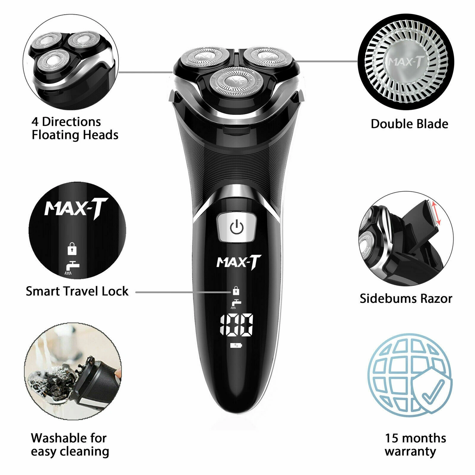 MAX-T Men's Electric Razor Wet & Dry, IPX7 Waterproof Shaver with LED Display, Pop-up Precision Trimmer, Travel Lock, 120 Min Runtime view 2