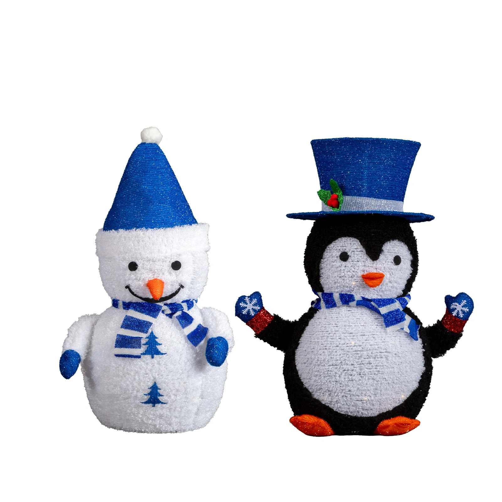 Set of 2 Lighted Plush Penguin and Snowman Pull Up Yard Decor, Pre-lit with 100 Warm White LEDs, for Xmas Outdoor Indoor Holiday Display, White