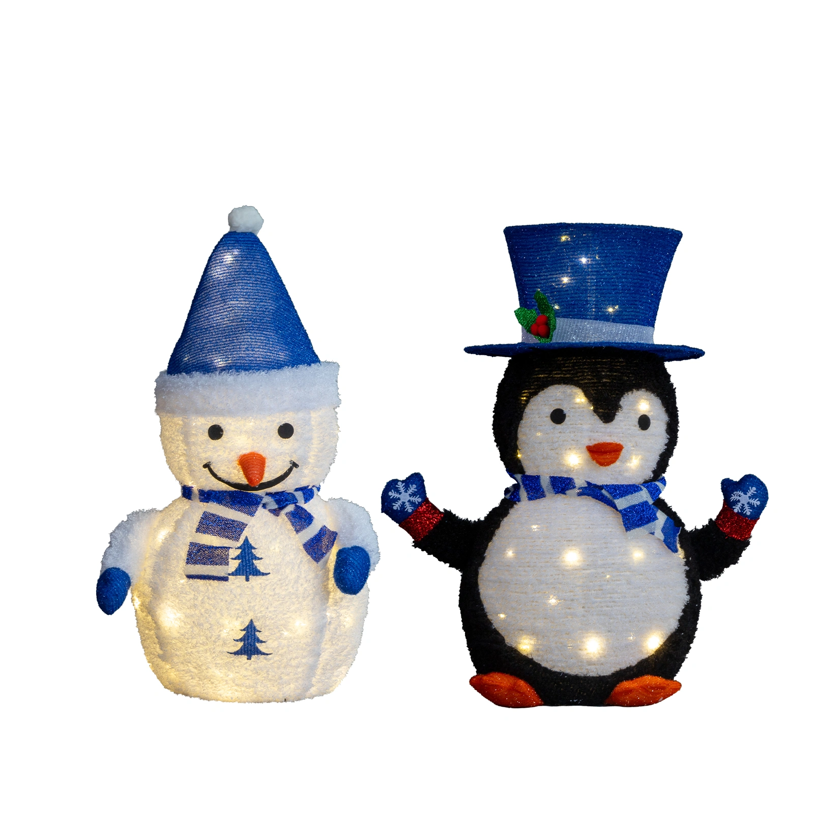 Set of 2 Lighted Plush Penguin and Snowman Pull Up Yard Decor, Pre-lit with 100 Warm White LEDs, for Xmas Outdoor Indoor Holiday Display, White view 2