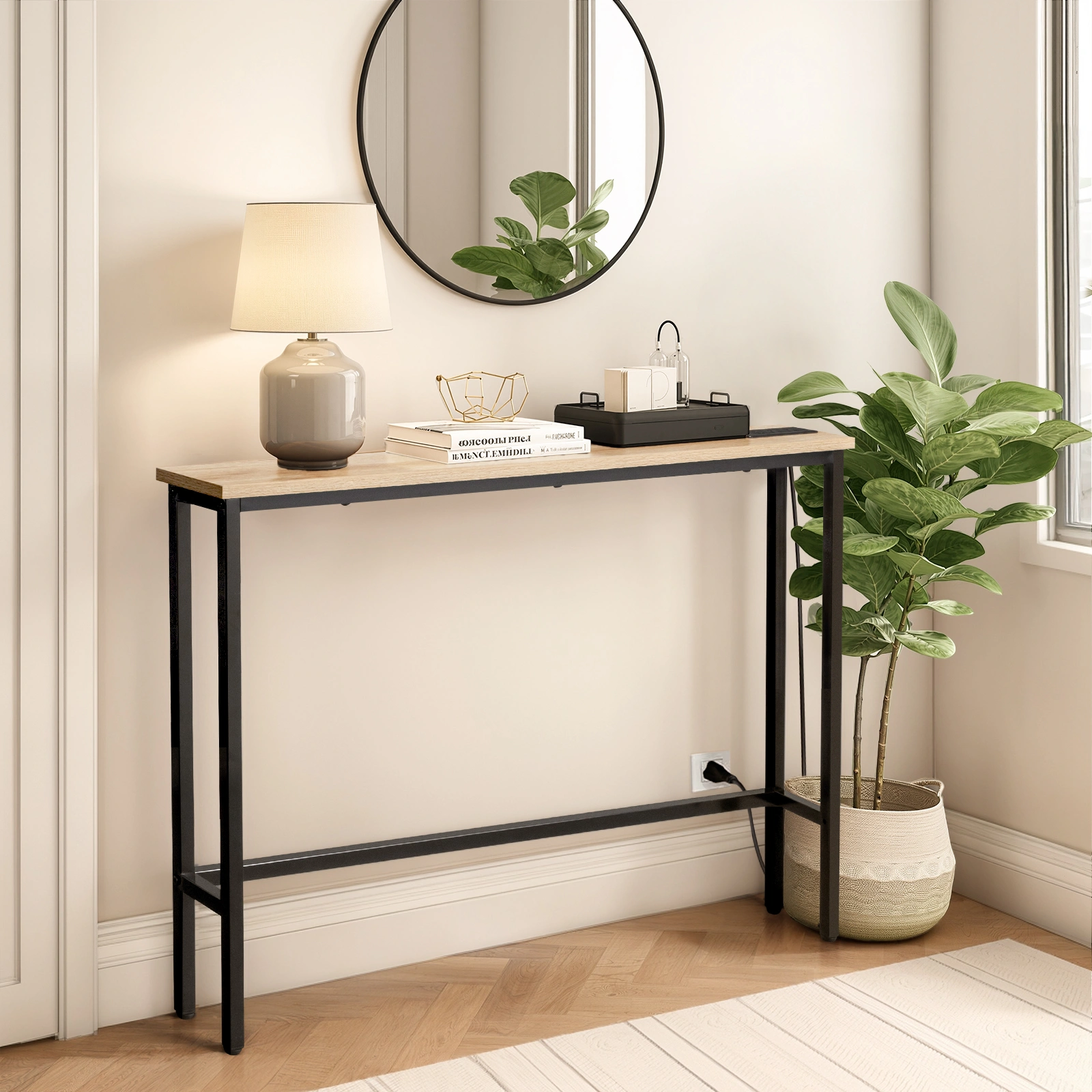 39.4" Narrow Console Sofa Table with Power Outlets and USB Ports, Skinny Couch Table with Metal Frame and Charge Station with 4.9ft Extension Cord, Oak view 9