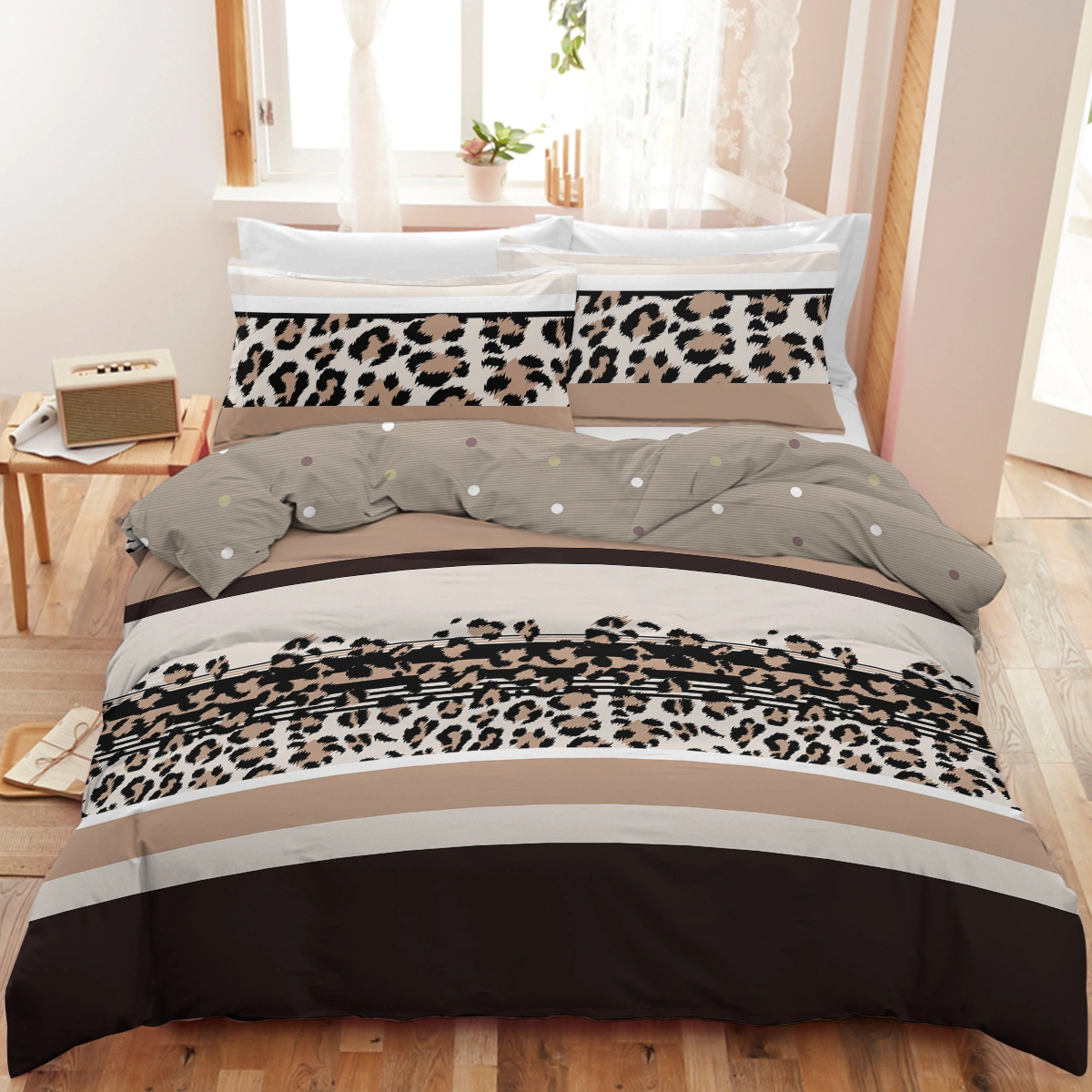 Leopard Print Duvet Cover Double 3 Piece Bedding Set Black Tan 2 Pillowcases Modern Comforter 200x200cm