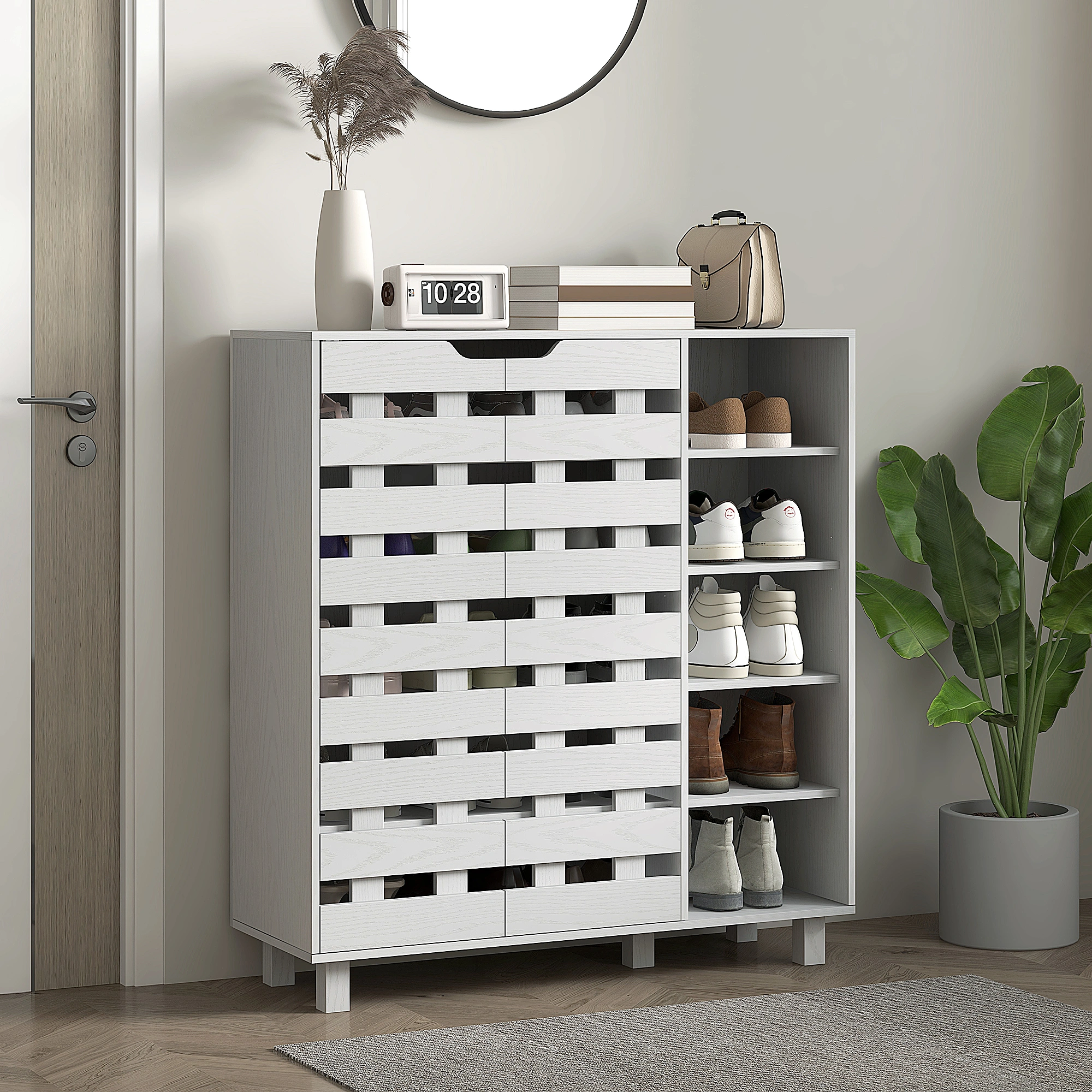 Wide Shoe Storage Cabinet - Low Profile Entryway Shoe Rack with Lid, Holds Up to 8 Pairs, Gray