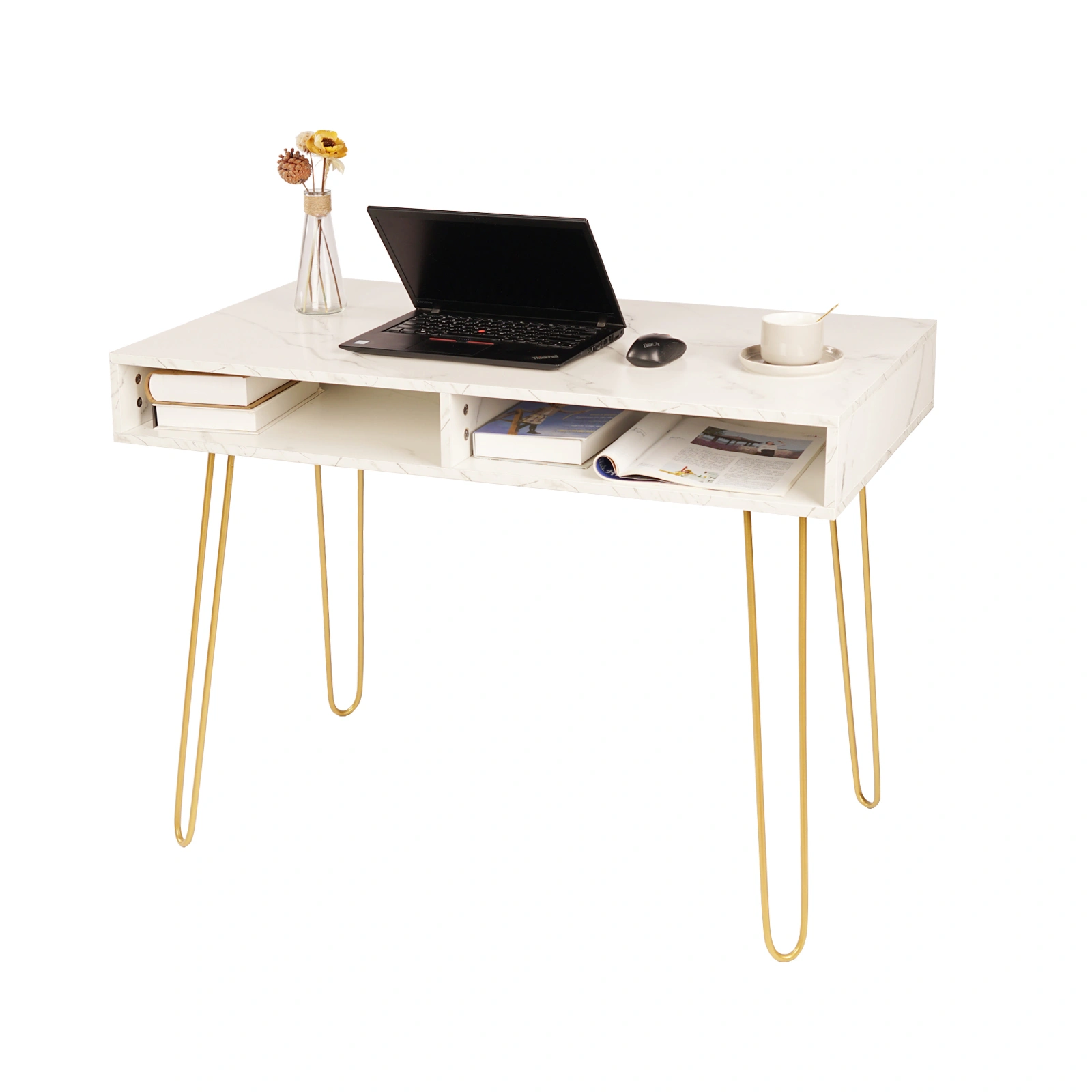 White Marble Top Computer Desk with Iron Metal Legs Modern Writing Table Workstation view 2