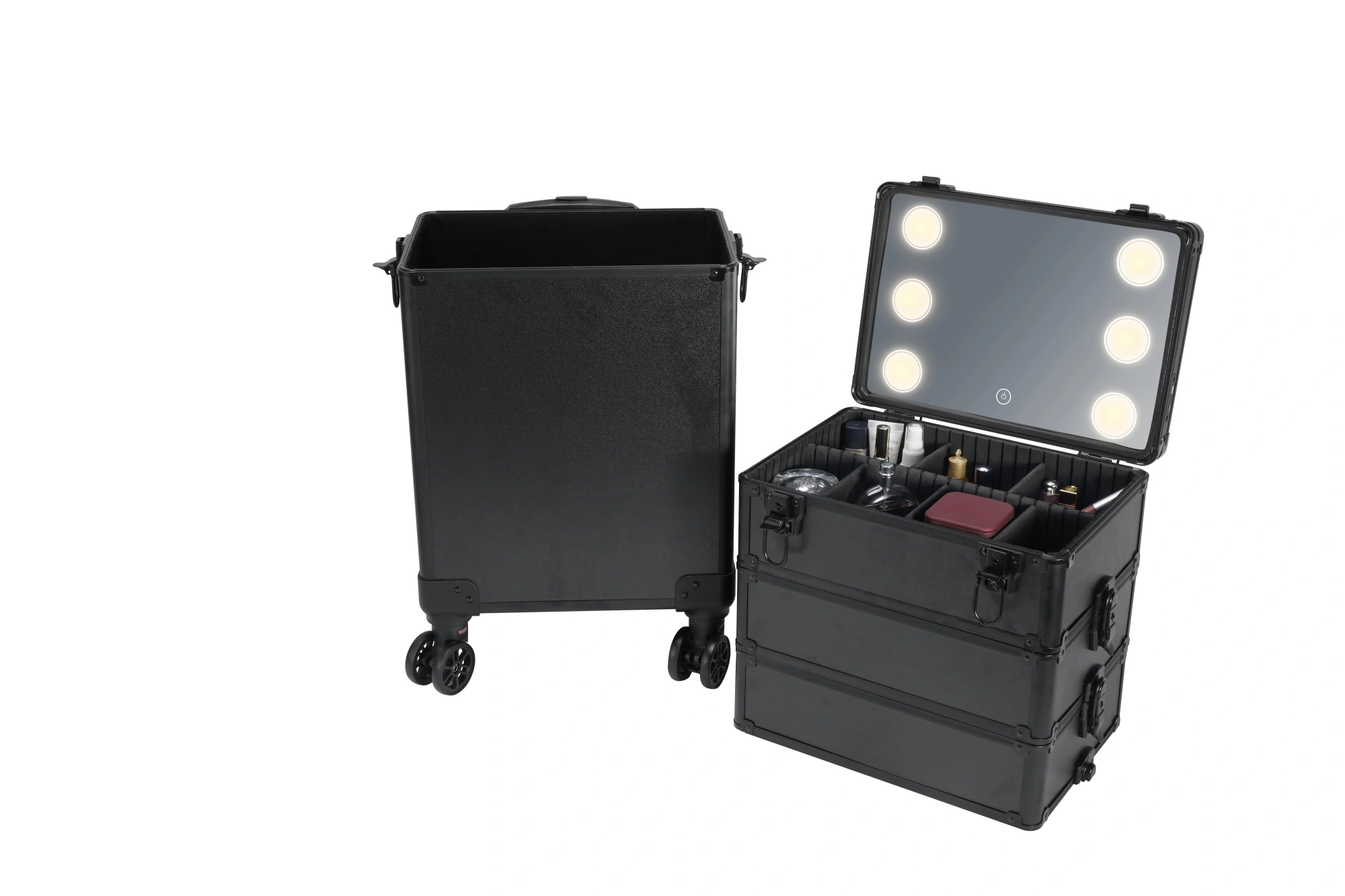 4-in-1 Draw-bar Style Interchangeable Aluminum Rolling Makeup Case-BLACK view 8