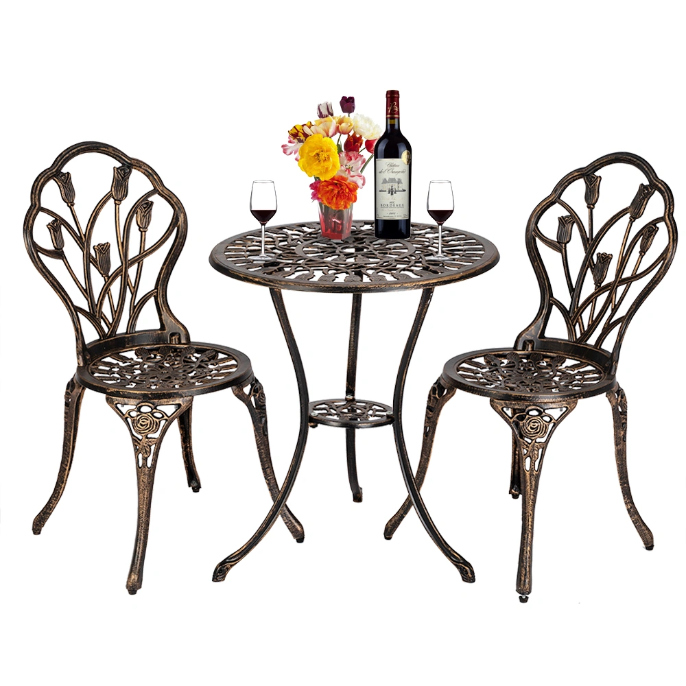Bronze Cast Aluminum Outdoor Bistro Set - 3-Piece European Style Tulip Table and Chairs