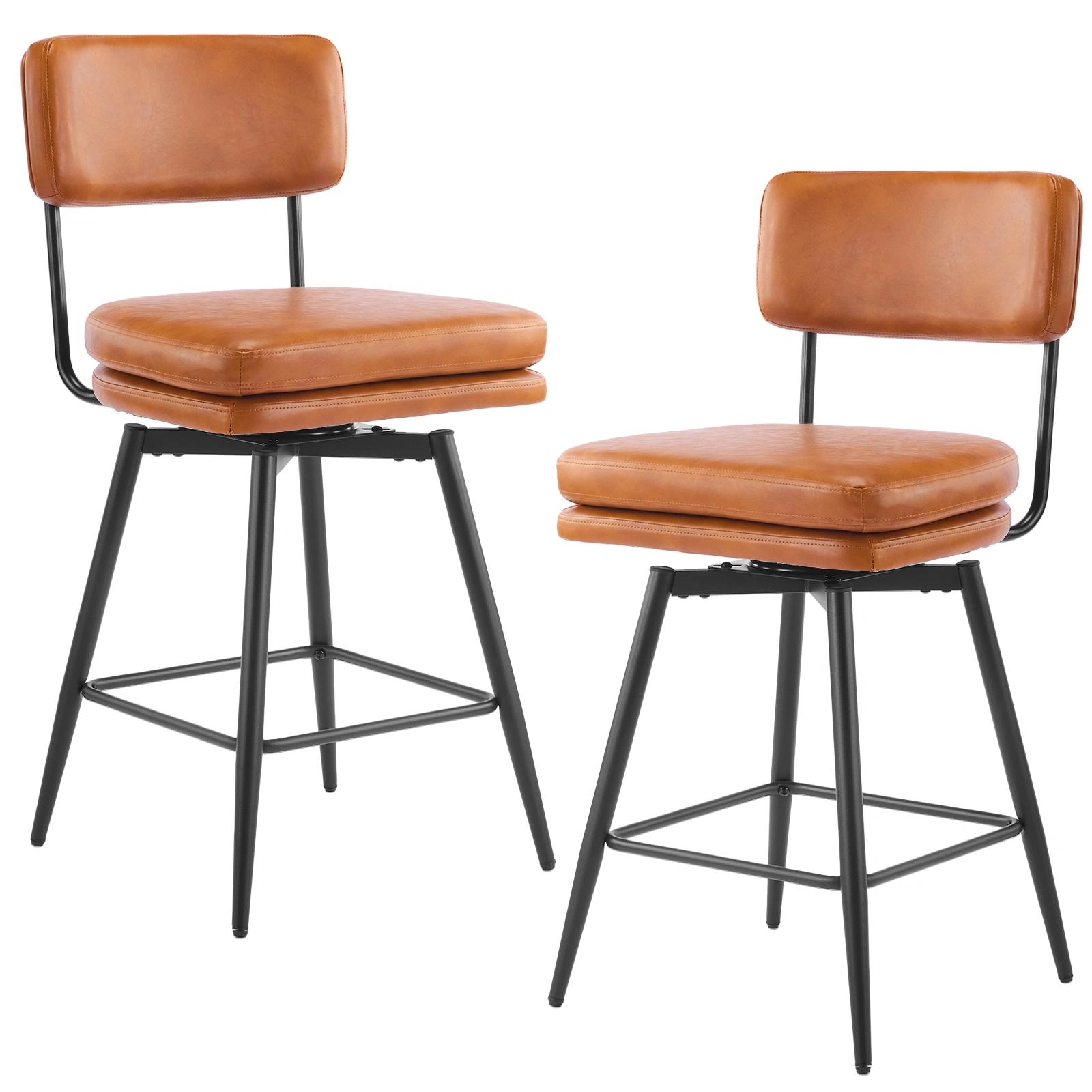 2 Pcs Brown PU Swivel Bar Stools with Removable Backrest Double Layer Seat Metal Legs
