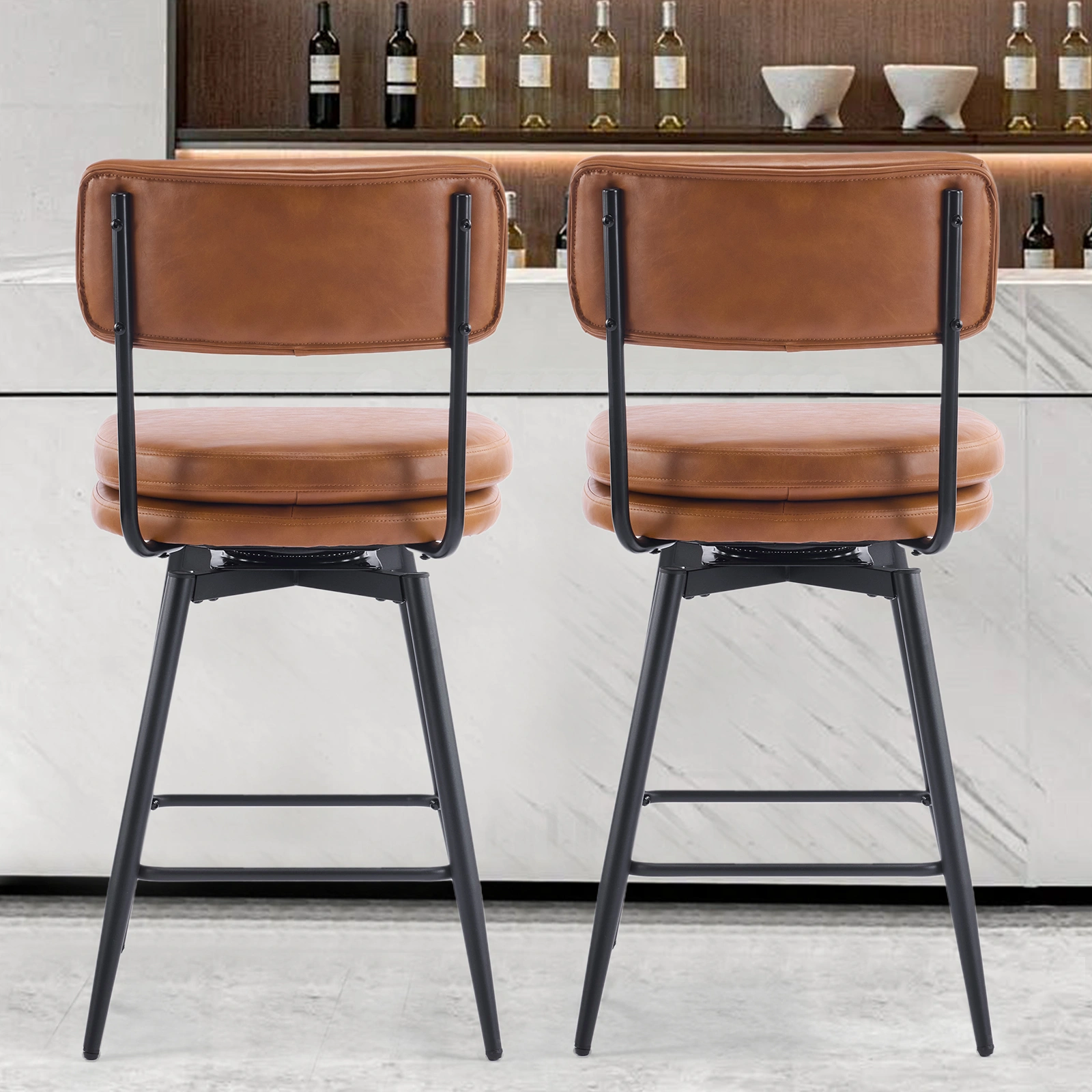 2 Pcs Brown PU Swivel Bar Stools with Removable Backrest Double Layer Seat Metal Legs view 4