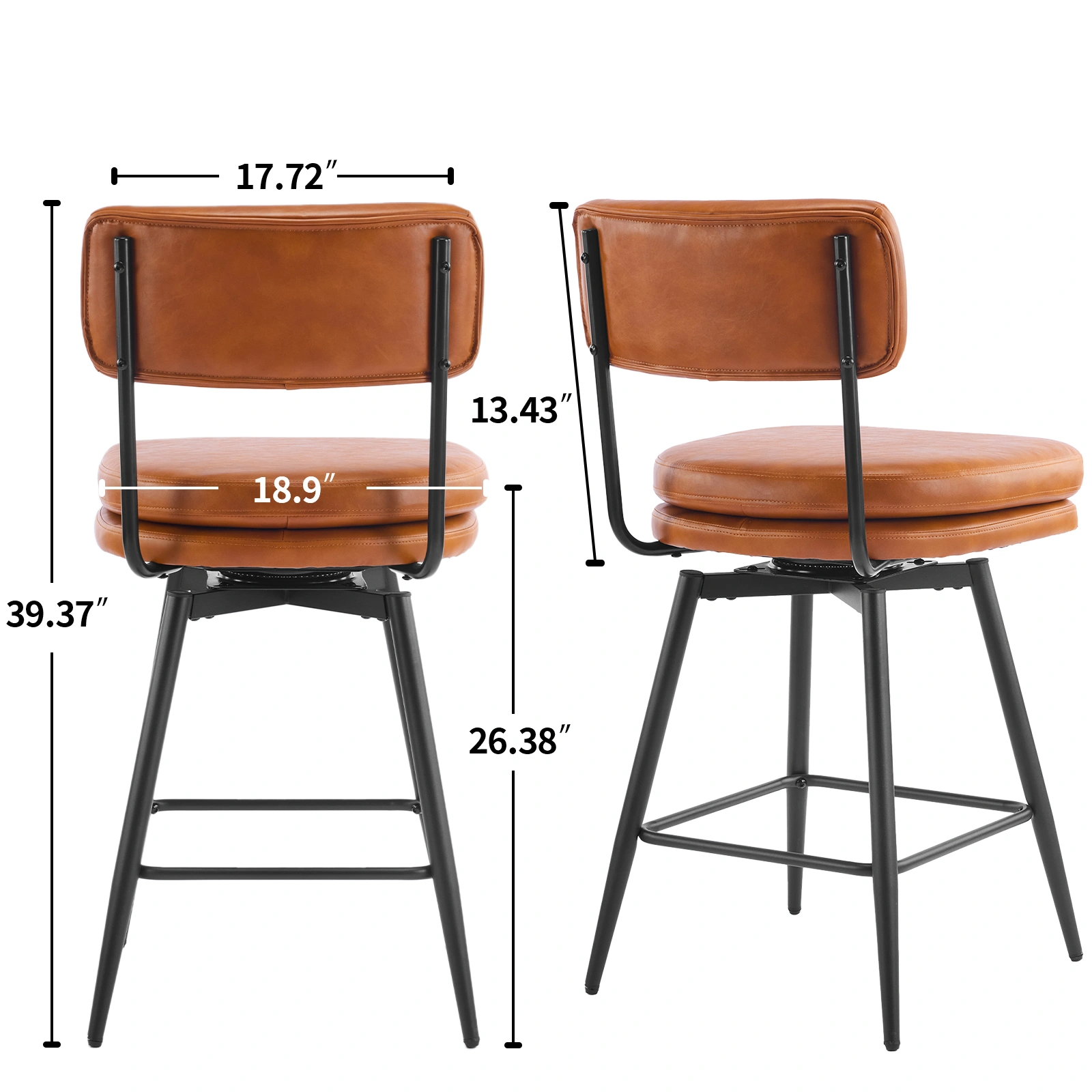 2 Pcs Brown PU Swivel Bar Stools with Removable Backrest Double Layer Seat Metal Legs view 5
