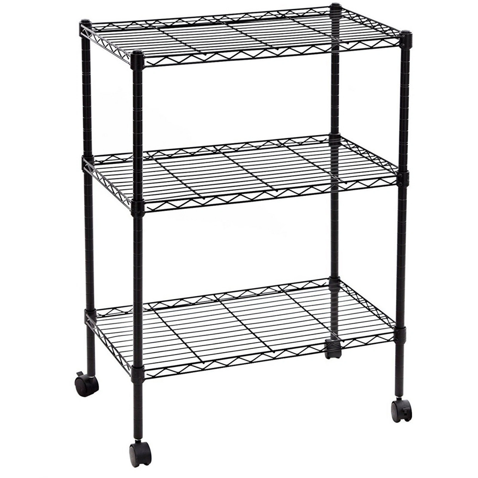 3-Tier Plastic Coated Iron Shelf with 1.5" Plastic Wheels, 350x600x850mm, Black