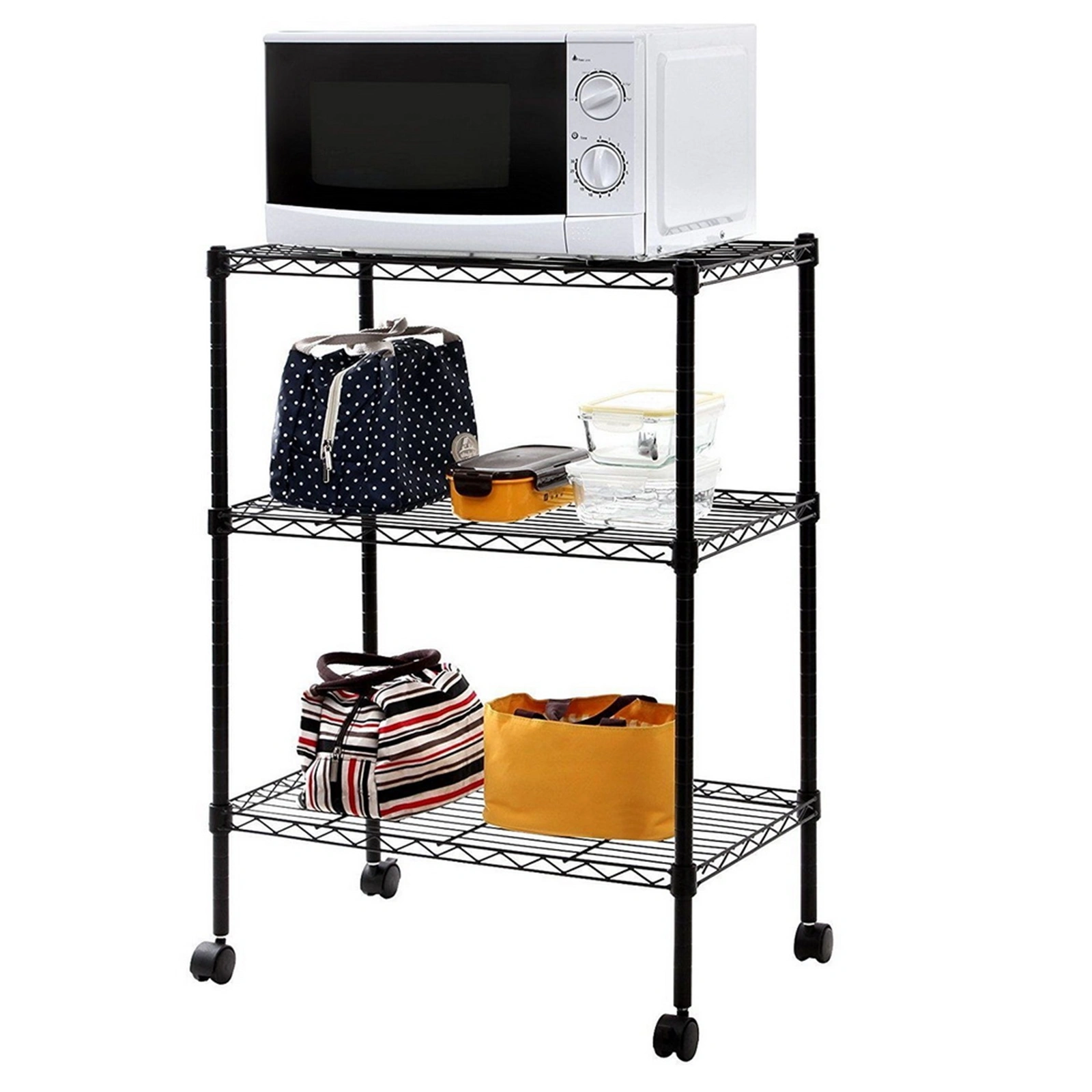 3-Tier Plastic Coated Iron Shelf with 1.5" Plastic Wheels, 350x600x850mm, Black view 3