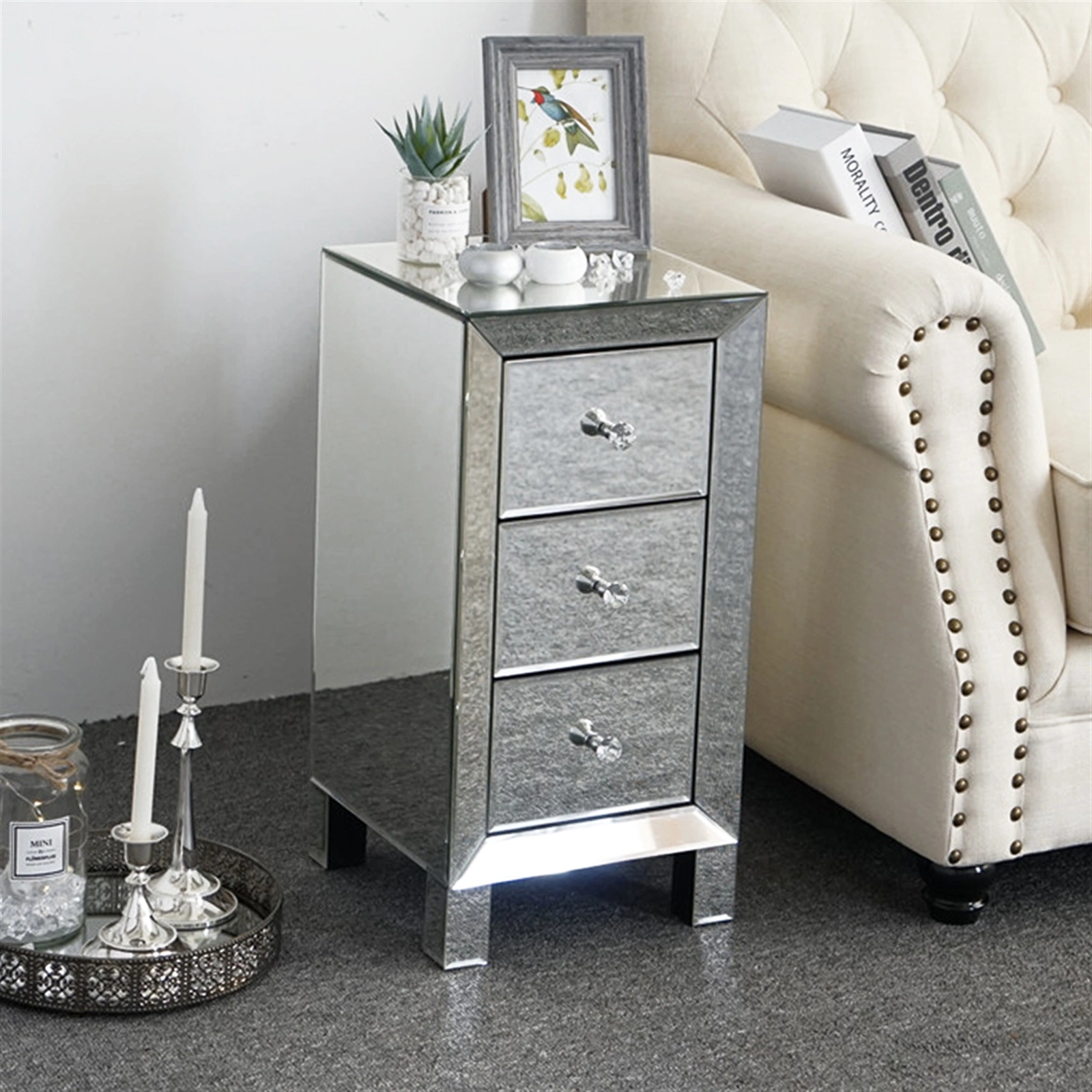 Modern Contemporary Mirrored 3-Drawer Nightstand Bedside Table with Glass Finish, Bedroom Storage Cabinet