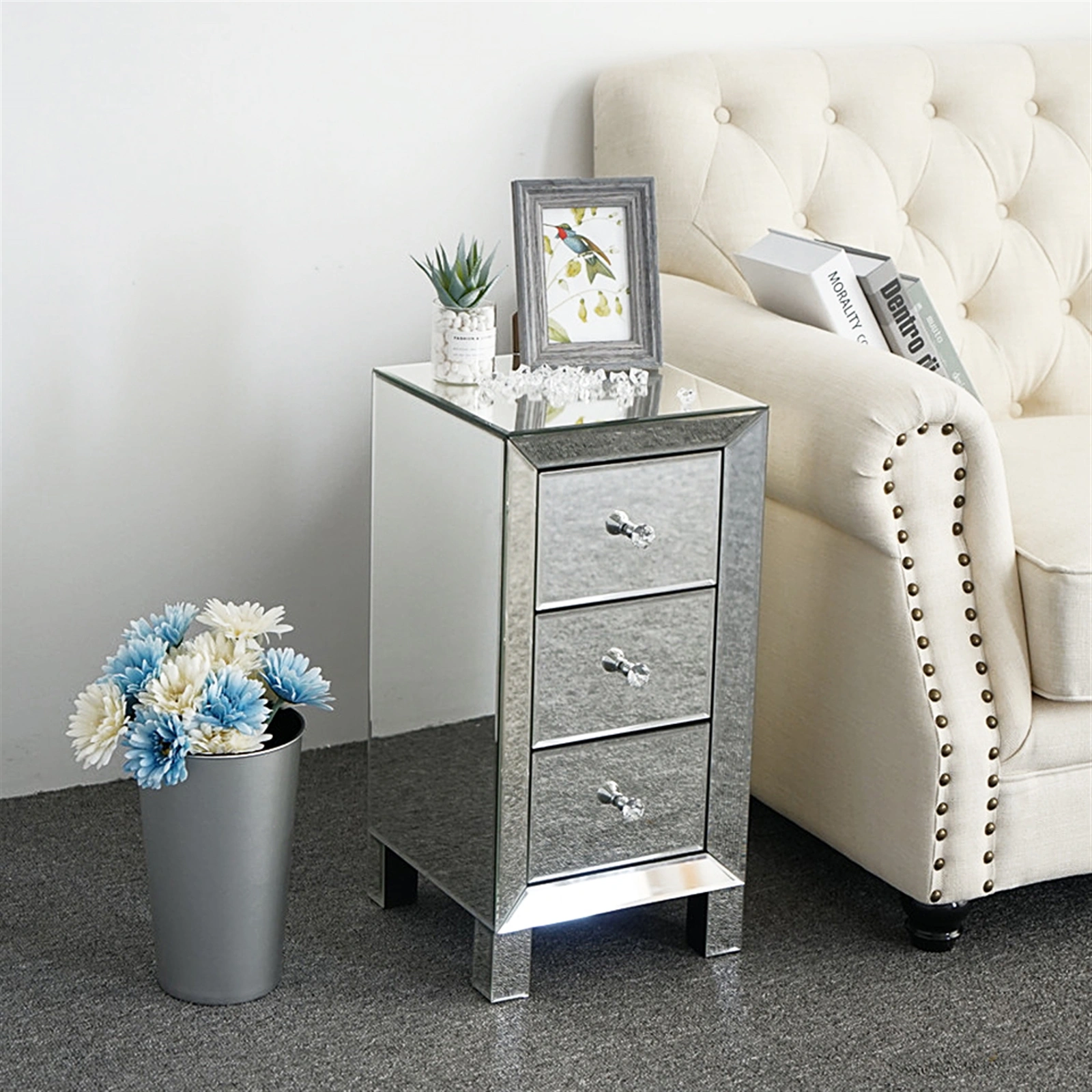 Modern Contemporary Mirrored 3-Drawer Nightstand Bedside Table with Glass Finish, Bedroom Storage Cabinet view 2