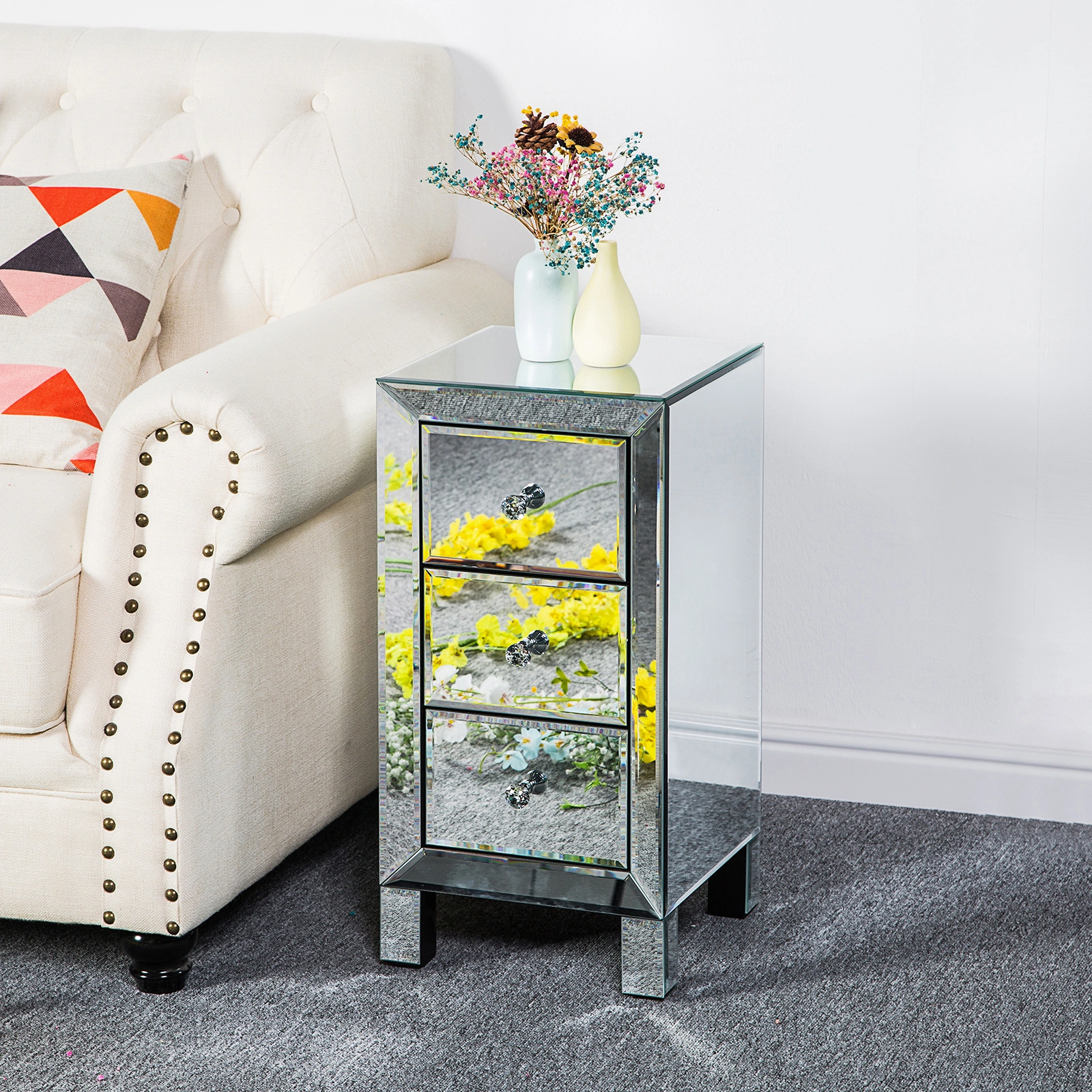 Modern Contemporary Mirrored 3-Drawer Nightstand Bedside Table with Glass Finish, Bedroom Storage Cabinet view 3