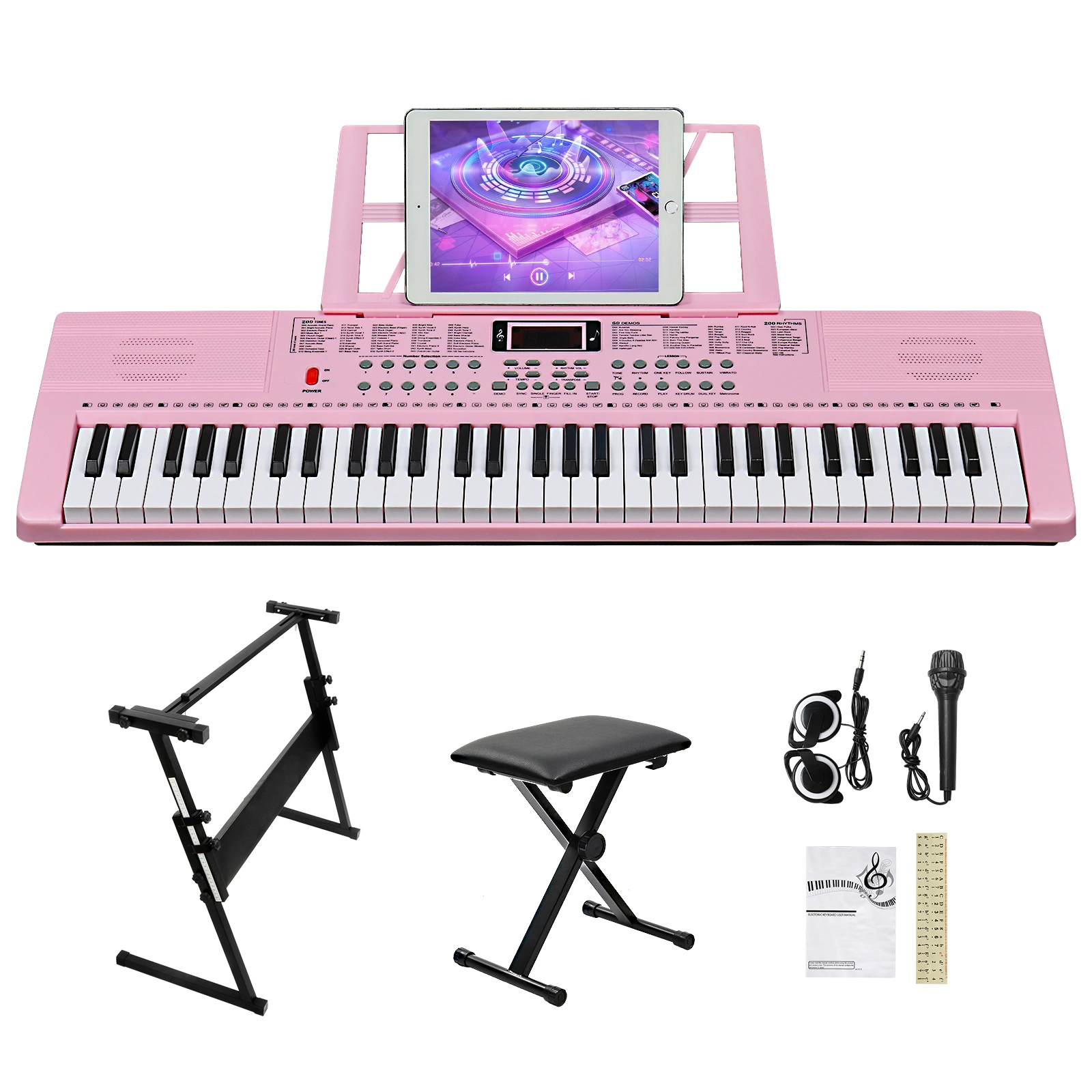 GEP-110 61 Key Keyboard with Piano Stand, Piano Bench, Built In Speakers, Headphone, Microphone, Music Rest, LED Screen, 3 Teaching Modes for Beginners