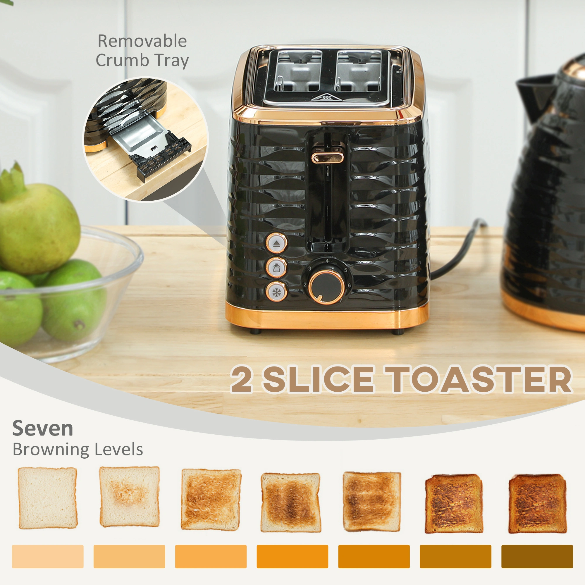 Electric Kettle and Toaster Set, Stainless Steel 1.7L Hot Water Boiler & 2-Slice Bread Toaster, Matching Kitchen Appliance Gift Set, Black/Silver view 4