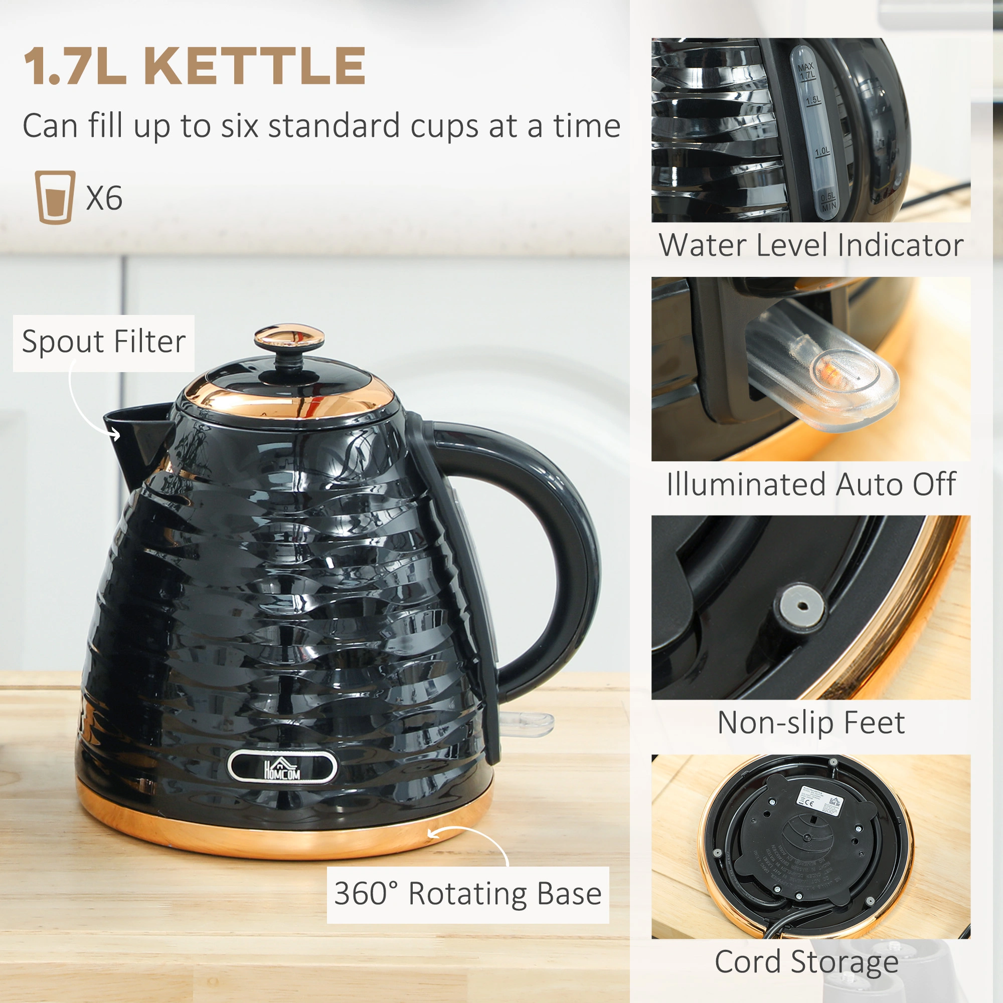 Electric Kettle and Toaster Set, Stainless Steel 1.7L Hot Water Boiler & 2-Slice Bread Toaster, Matching Kitchen Appliance Gift Set, Black/Silver view 5