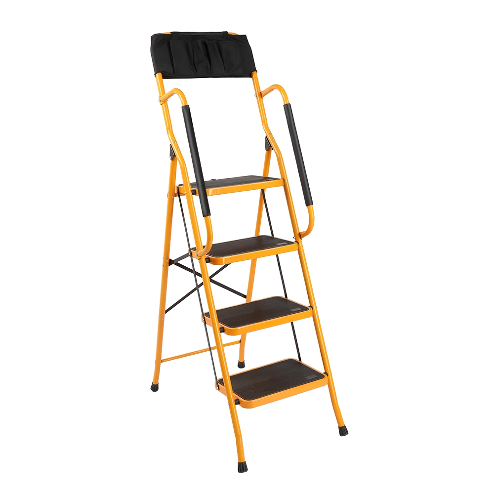 Iron 4-Step Ladder with Handrails - Sturdy Step Stool Platform Ladder, Ginger Color, Anti-Slip Feet, Indoor/Outdoor